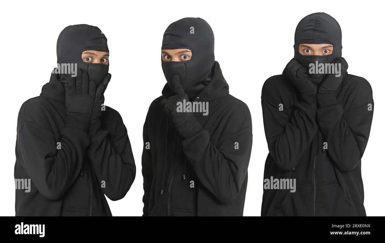 Mysterious thief man wearing black hoodie and mask was