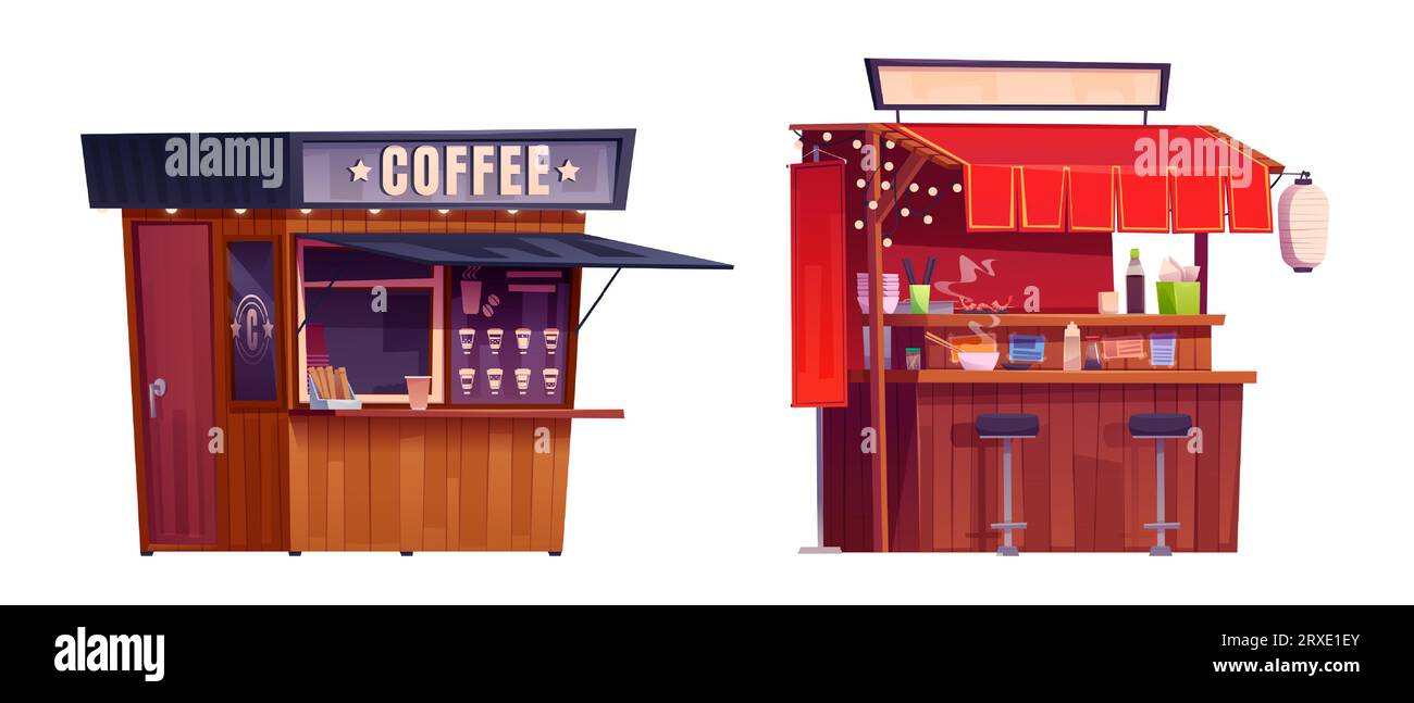 Set of street food and drink stalls isolated on white background ...