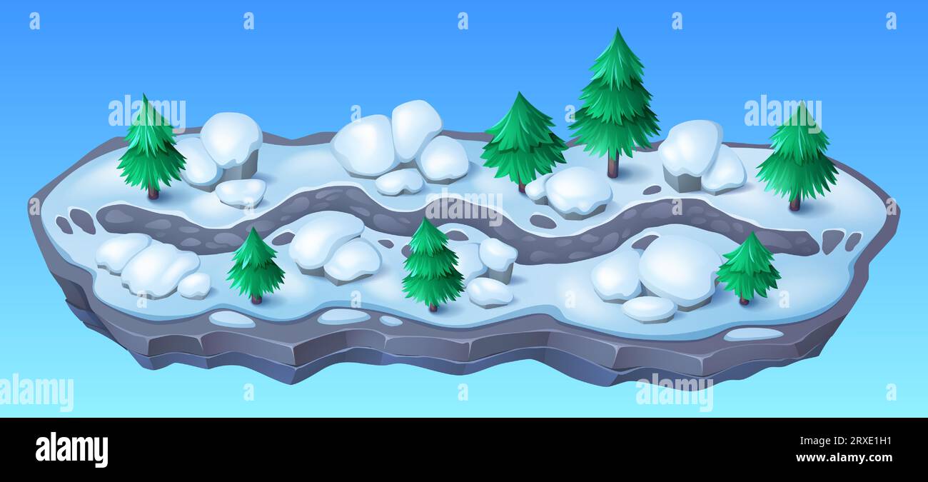 Winter game map with road among fir trees and stones, ground covered with snow and ice. Cartoon vector horizontal level interface with walkway through spruce forest. Blue ui landscape with path. Stock Vector
