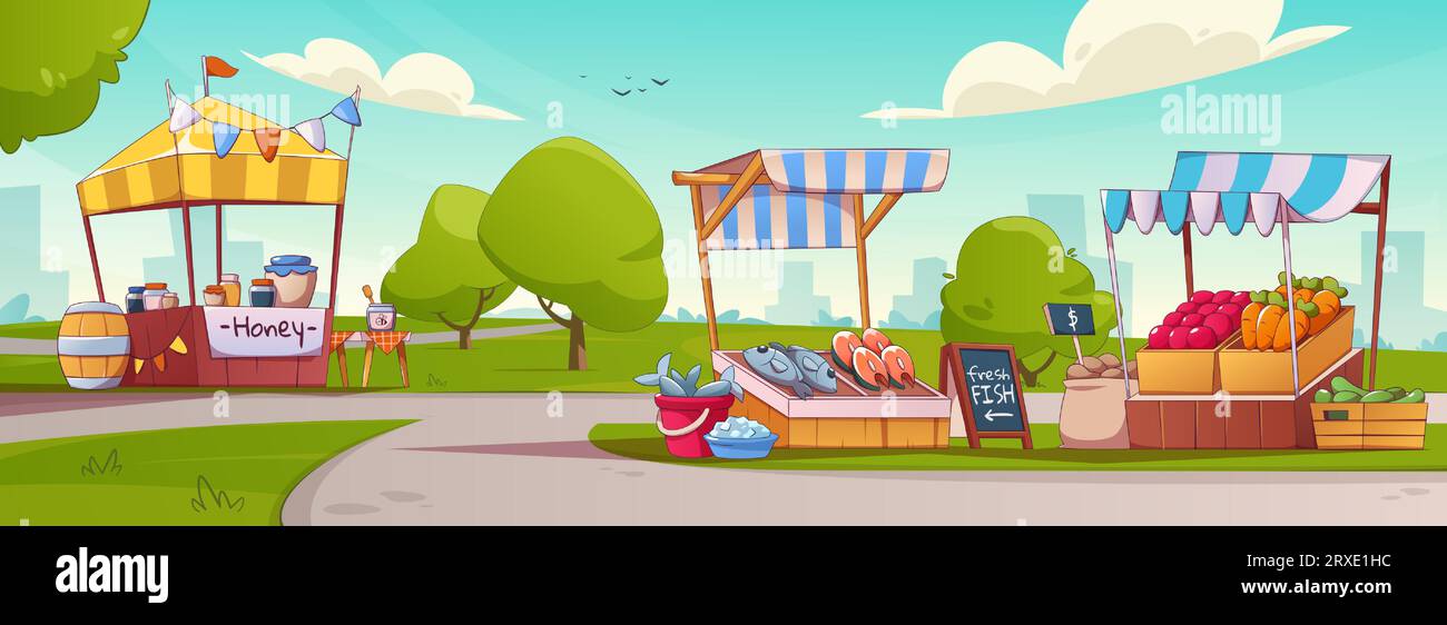 Food street market with stall for farm fruit, vegetable and local fresh agriculture. Outdoor marketplace awning stand in city park to buy organic harvest and natural meat or fish. Grocery kiosk design Stock Vector