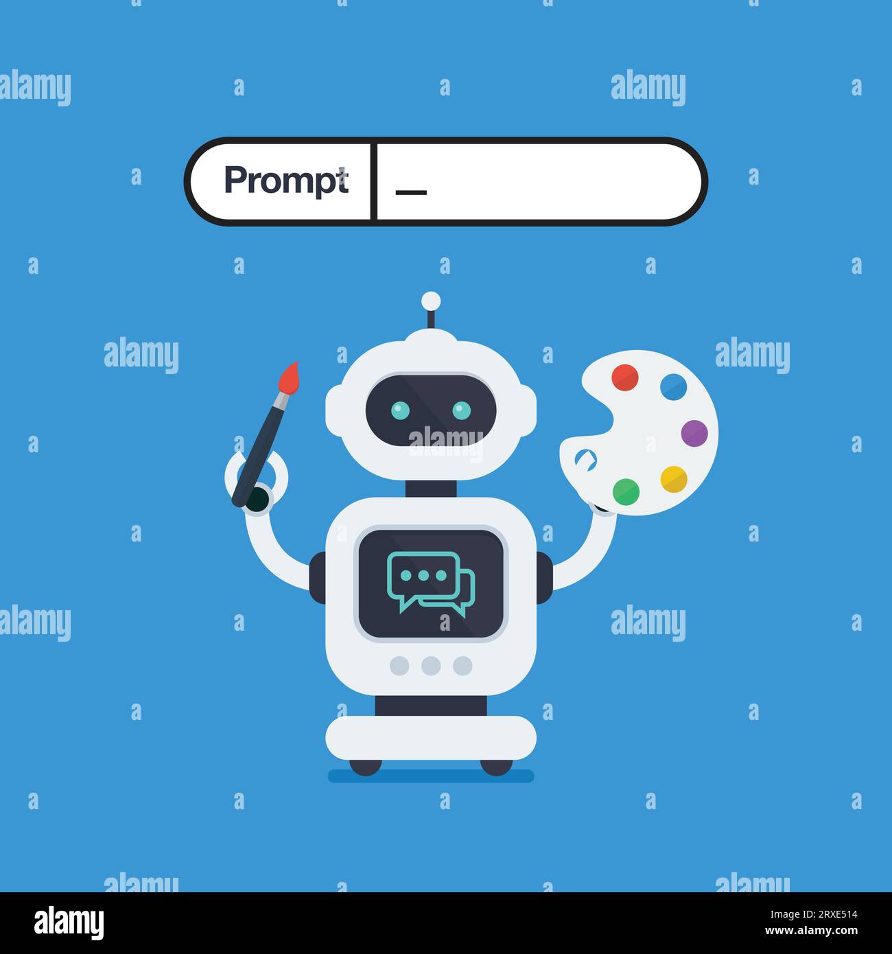 Robot is holding paintbrush and palette. Robotic loaded with intelligent algorithms and recognition programs to create and draw images on a digital pl Stock Vector