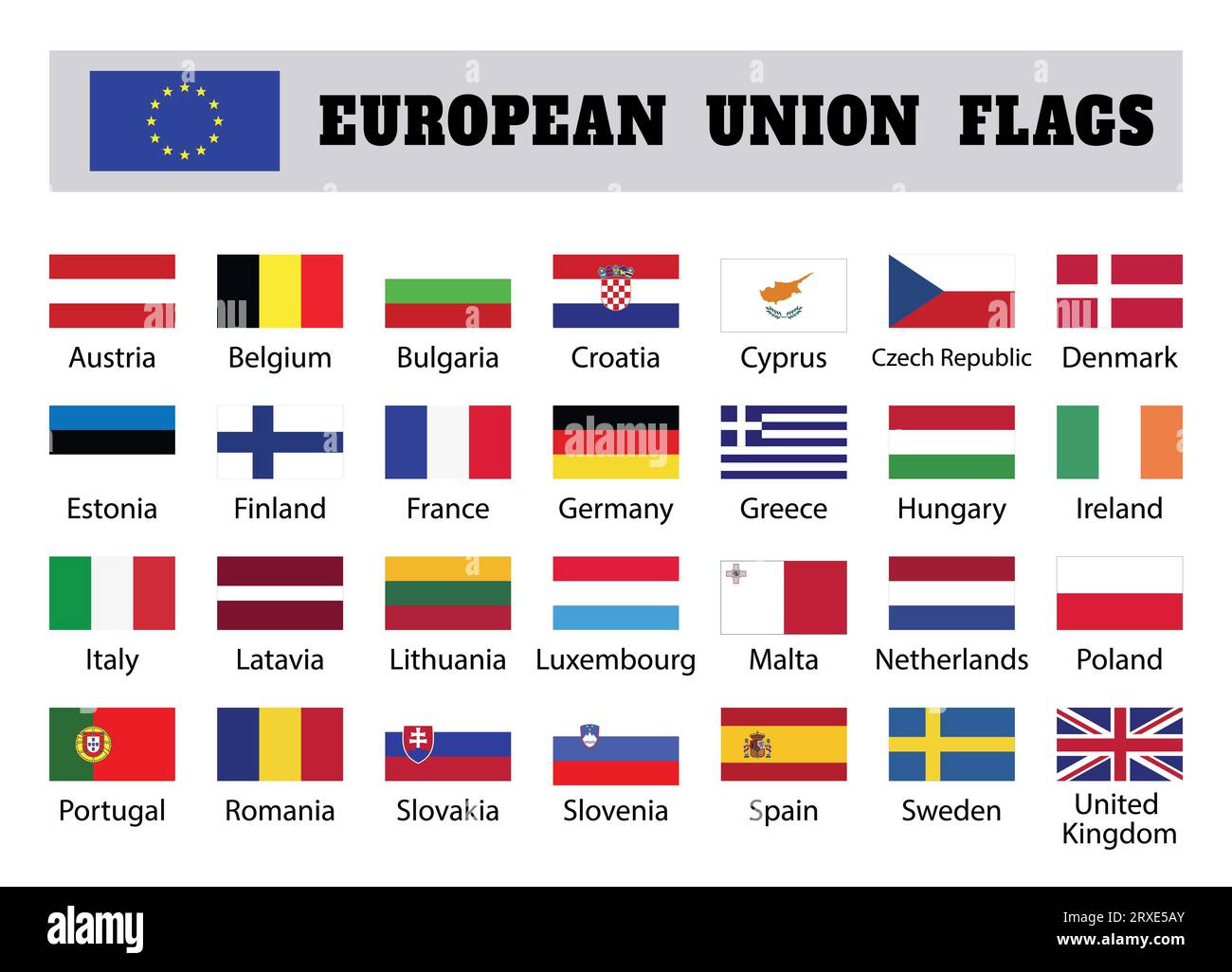 European union big set flags, twenty eight, 28 EU member countries, political and economic union in 2017, single market and free movement. Vector flat Stock Photo
