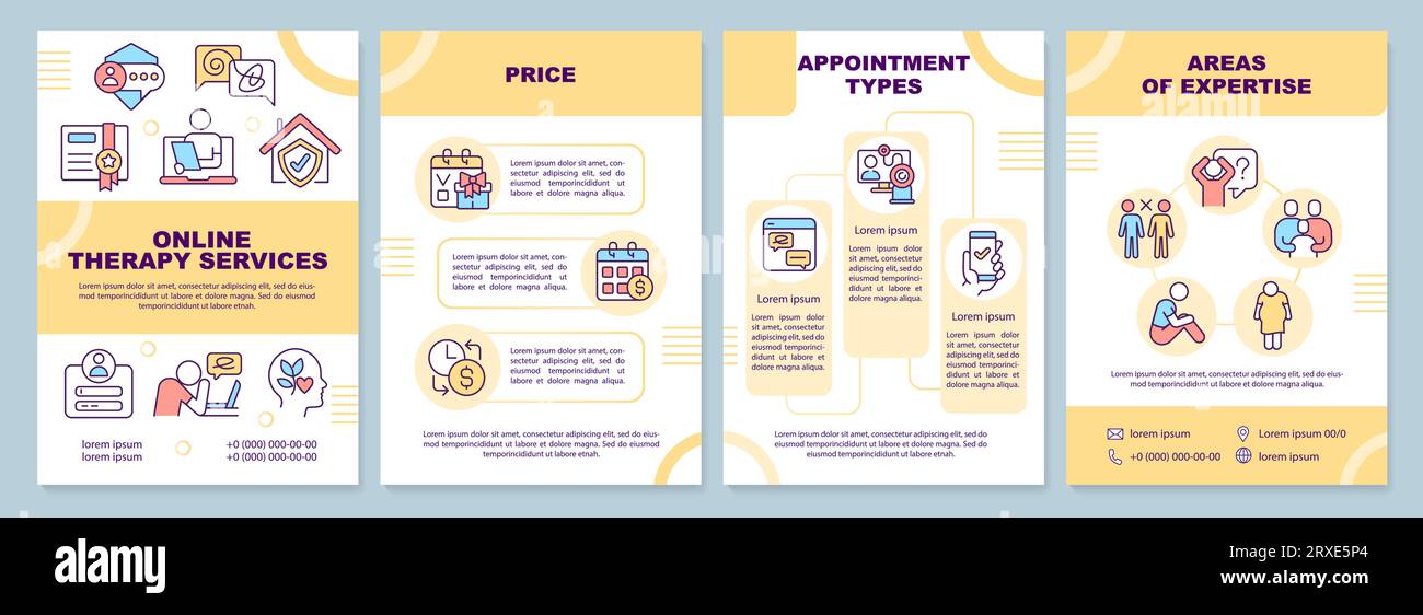 2D brochure with online therapy linear icons Stock Vector