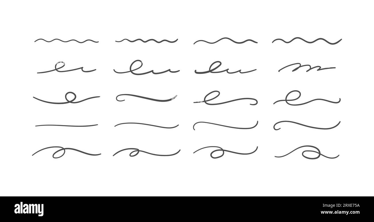 Swoosh and swoops underline typography tails shapes. Brush drawn thick curved smears. Hand drawn collection of curly swishes, swashes, squiggles. Vect Stock Vector