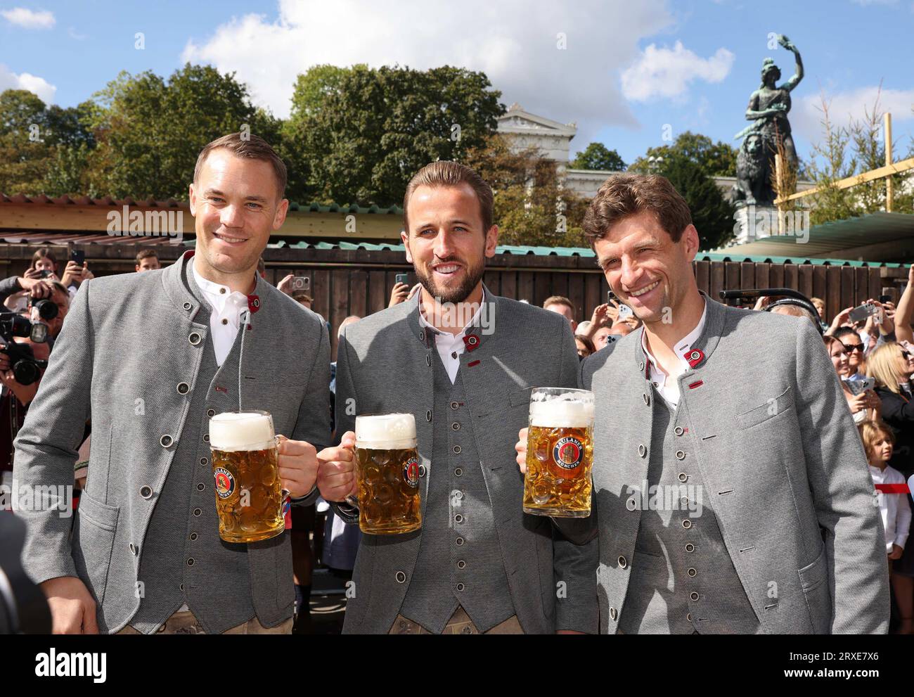 Munich Germany 24.9.2023, Football, Celebraties: The team of FC Bayern Muenchen visits the the Kaefer tent at the Oktoberfest — from left: Manuel Neuer, Harry Kane, Thomas Mueller   FC Bayern München via FUFA61 Stock Photo