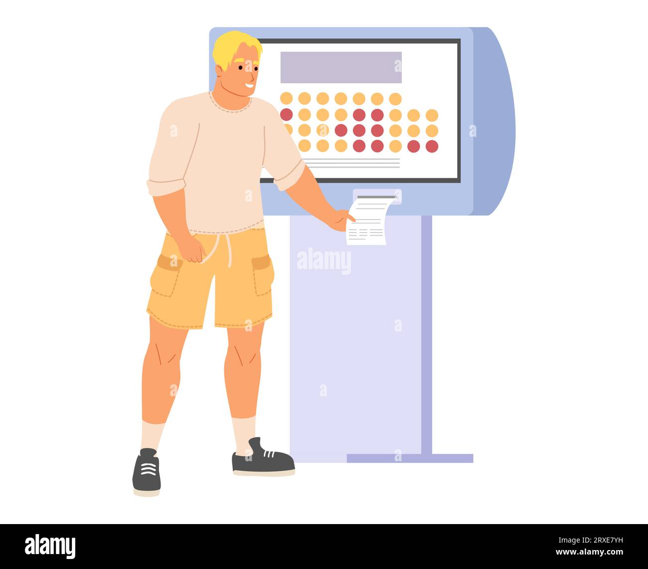 Man using self-service cinema kiosk to buy tickets Stock Vector