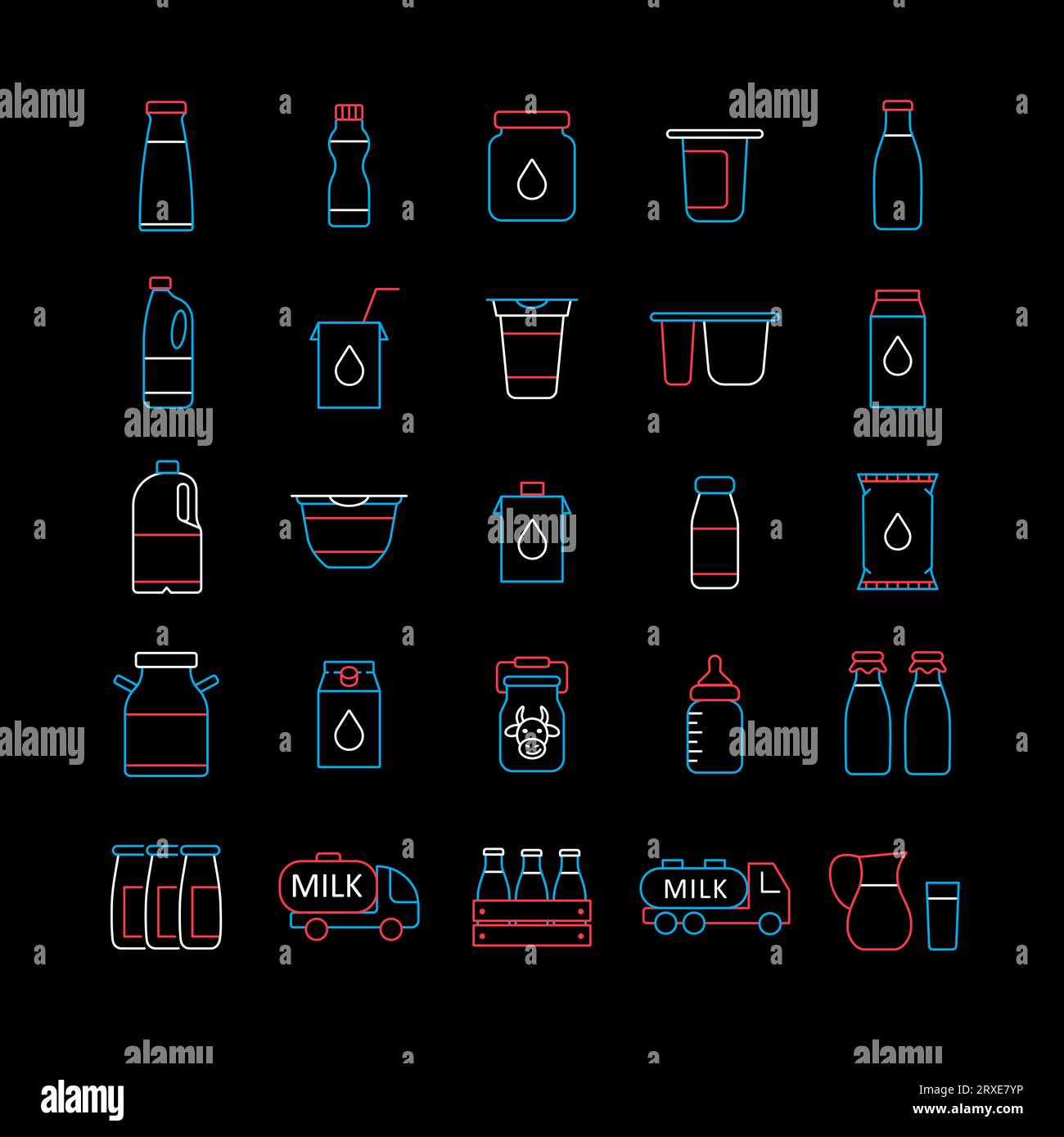 Milk cans and bottles vector on black background icon. Dairy products ...