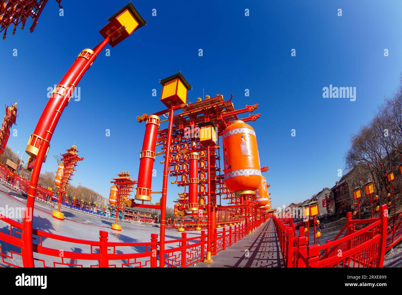 Fengnan City, China - February 4, 2023: Tangfeng Lantern Fish Eye Effect in Hetou Old Street Scenic Area. Stock Photo