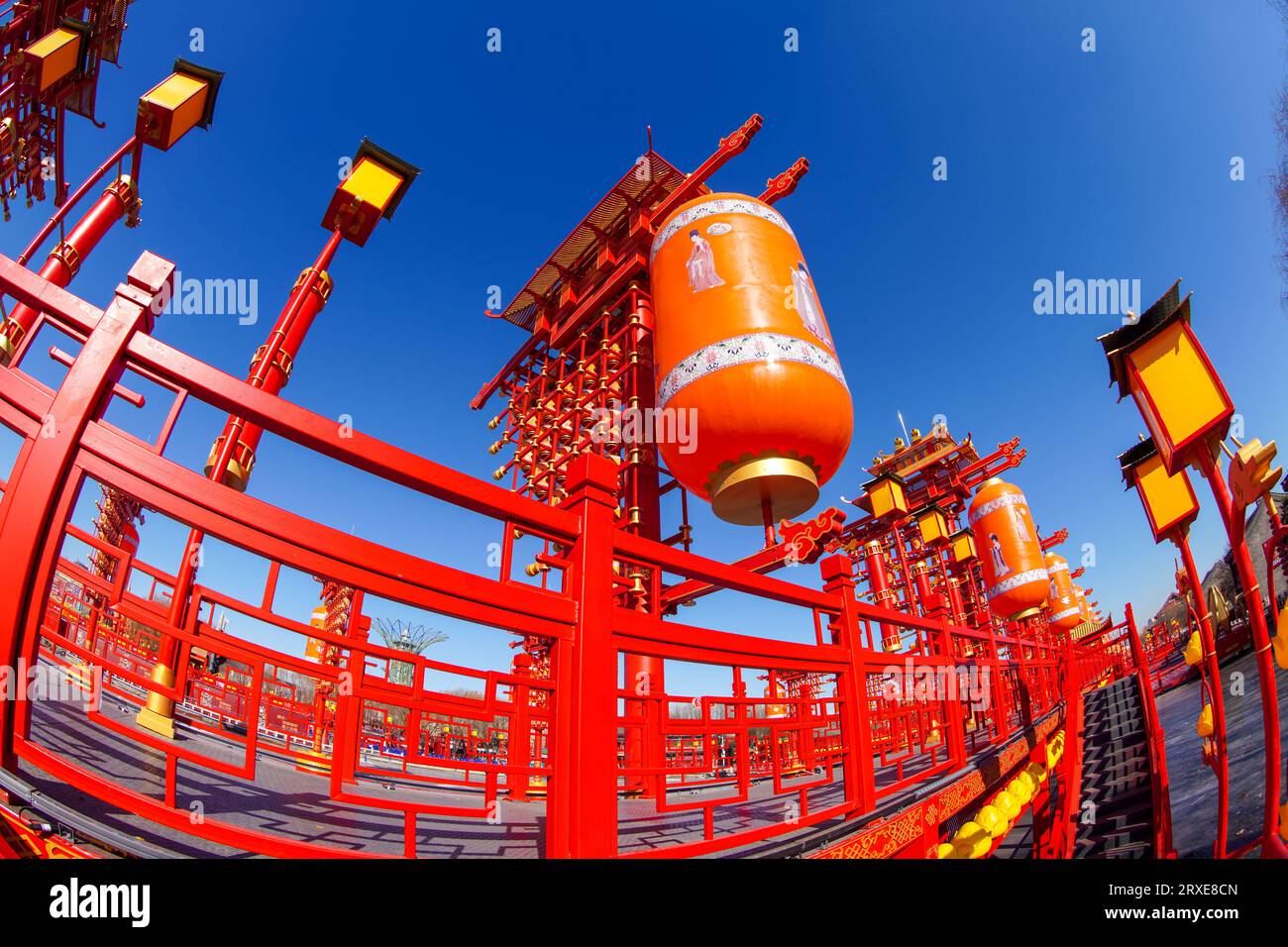 Fengnan City, China - February 4, 2023: Tangfeng Lantern Fish Eye Effect in Hetou Old Street Scenic Area. Stock Photo