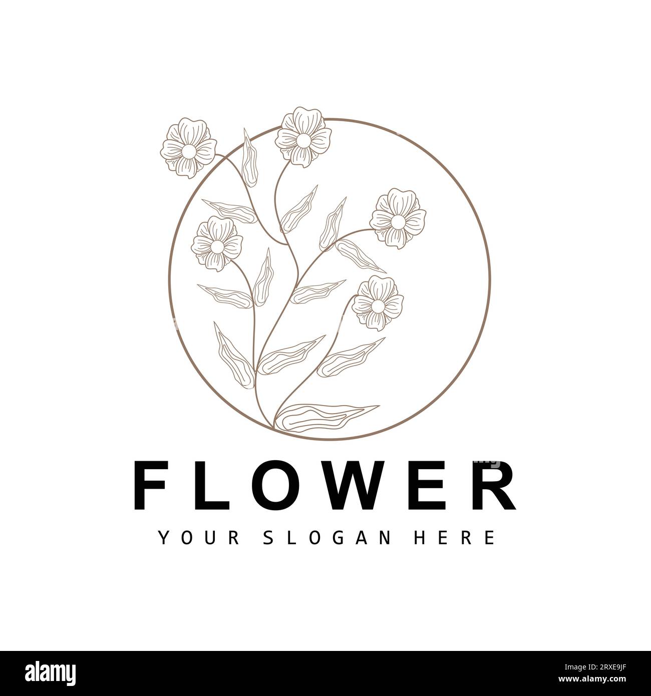 Simple Botanical Leaf and Flower Logo, Vector Natural Line Style