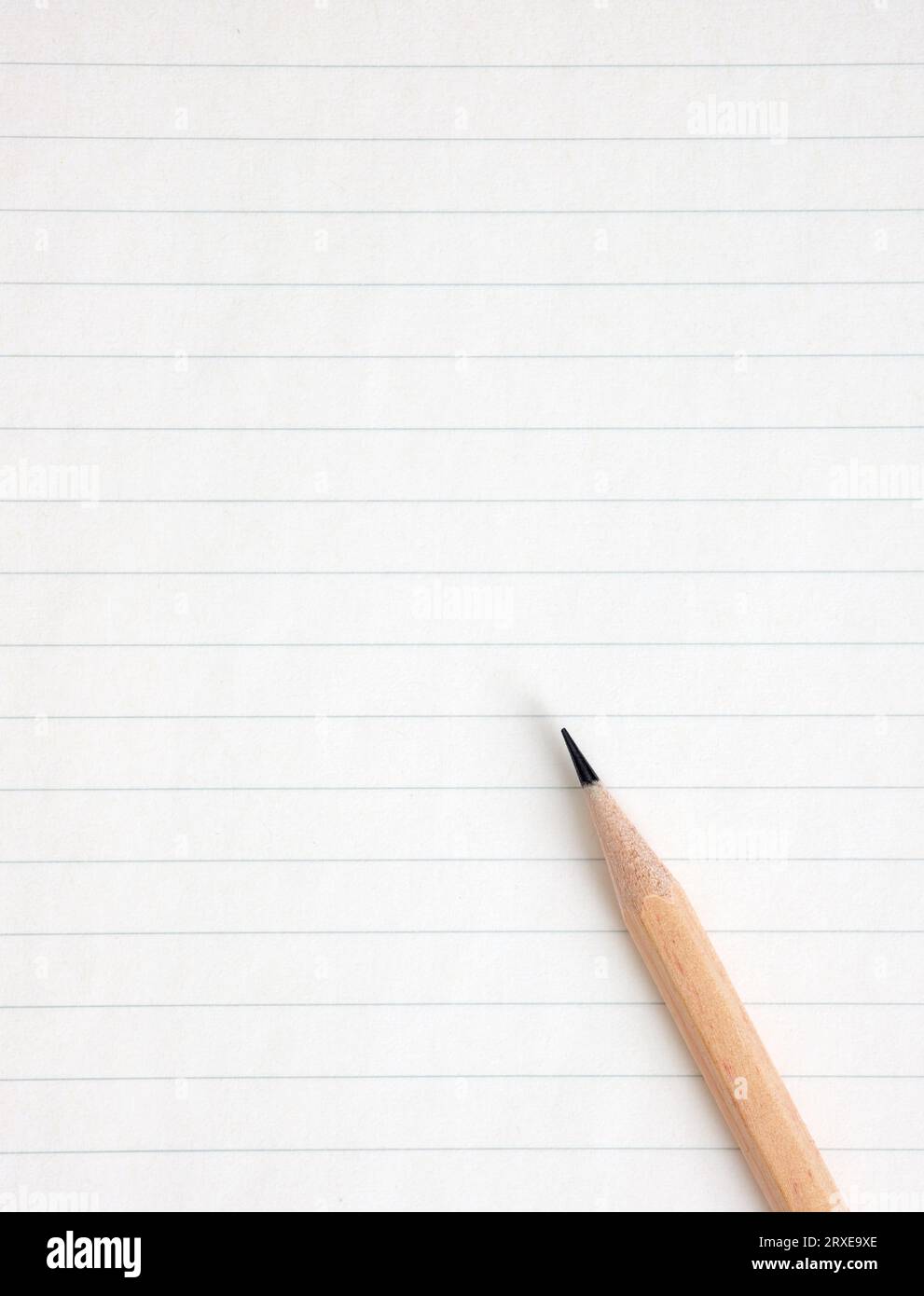 Graphite pencil on a blank or empty striped notebook page. Stock Photo