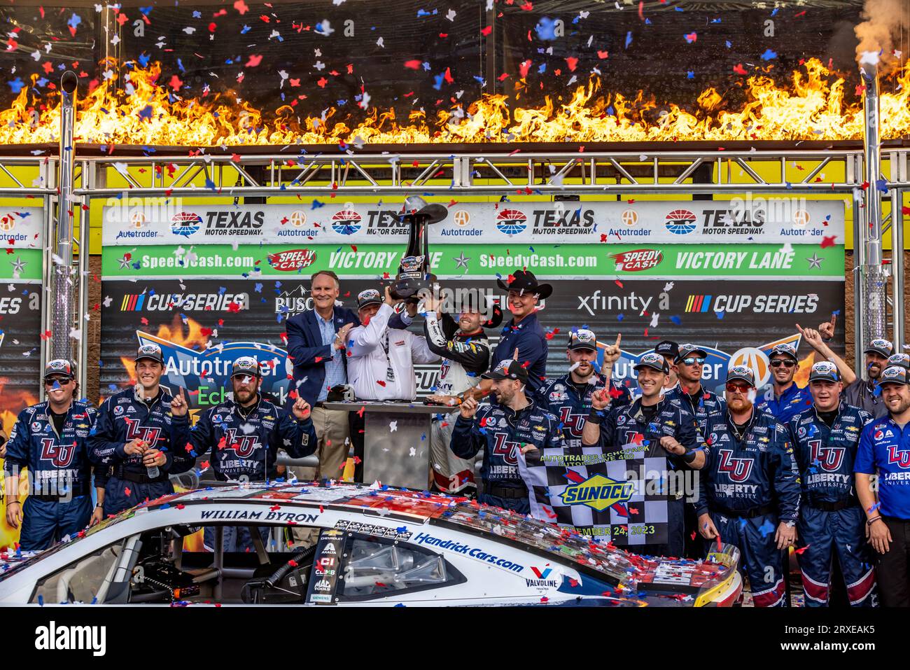 Fort Worth, Texas - September 24rd, 2023: William Byron, driver of the #24 Liberty University Chevrolet, after winning the NASCAR Autotrader EchoPark Automotive 400 at Texas Motor Speedway. Credit: Nick Paruch/Alamy Live News Stock Photo