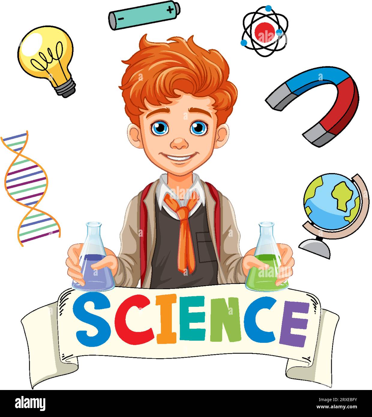 Science boy in uniform holding conical flask illustration Stock Vector