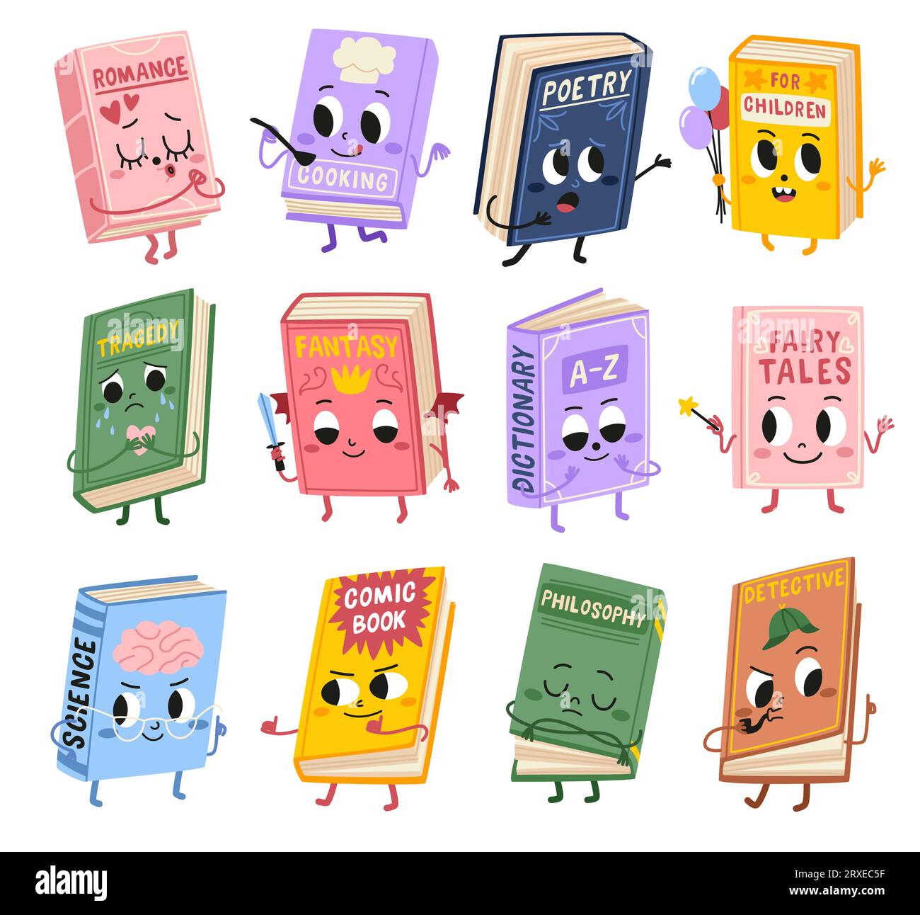 Cartoon funny books characters. Cute kids mascots with different emotions, various genres literary volumes, smiling faces. Poetry and fairy tales Stock Vector