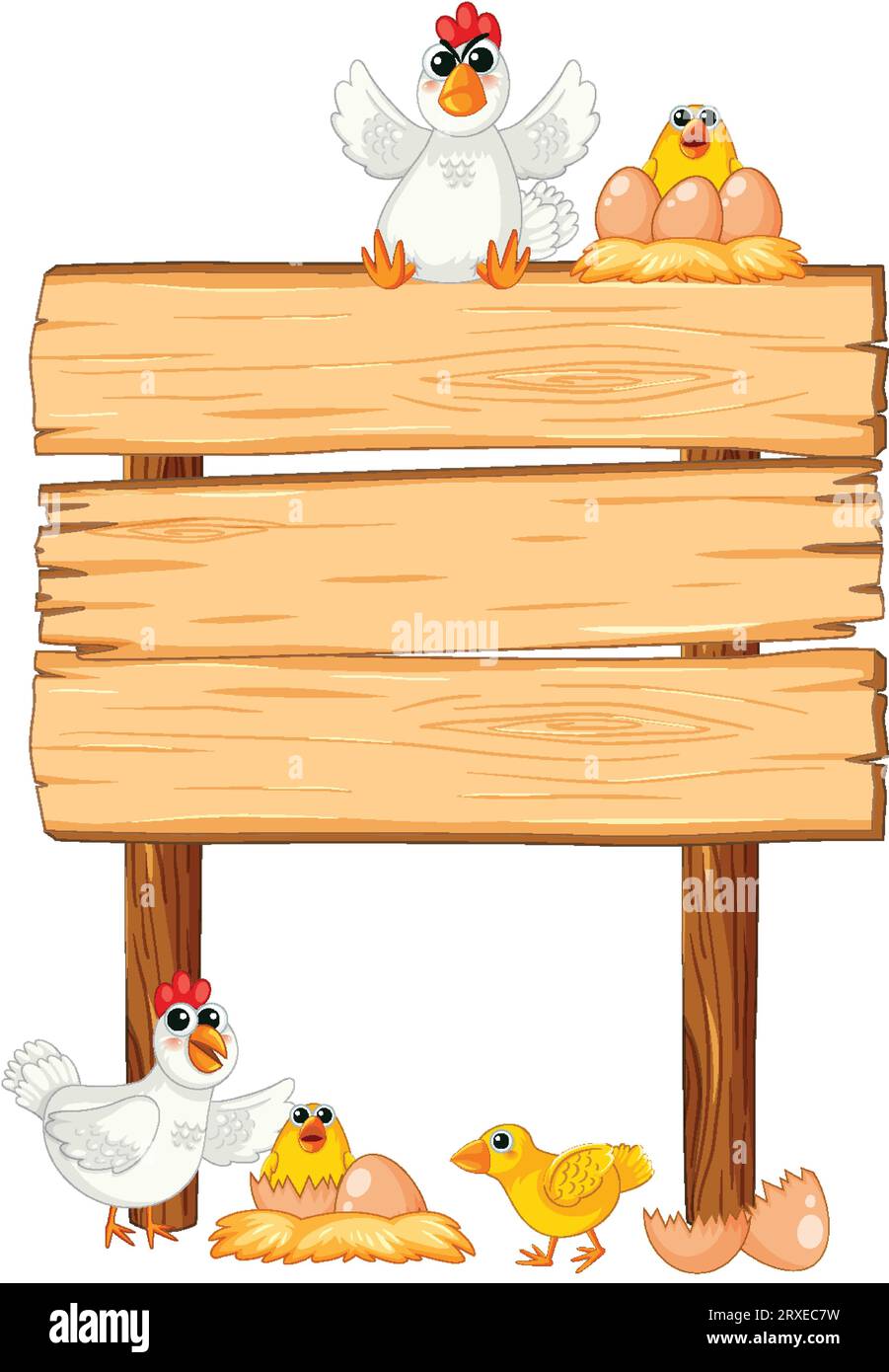 Vector cartoon illustration of a chicken with chicks on a wooden board frame Stock Vector