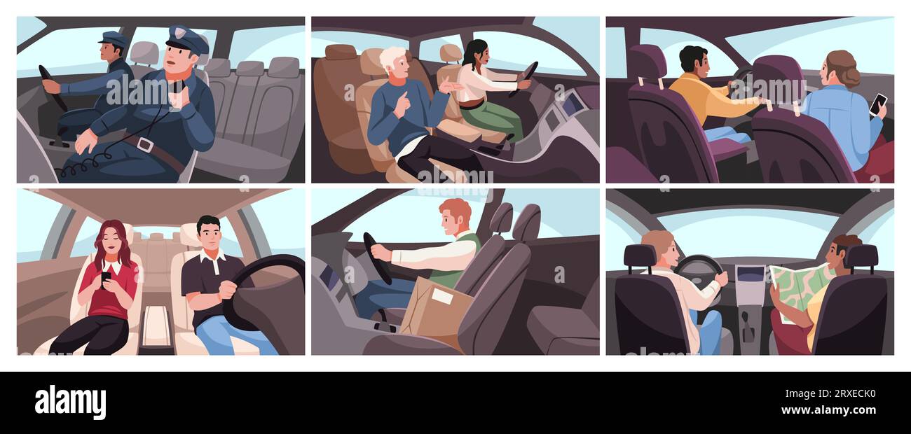 Drivers and passengers in car interiors. People in private cars, police