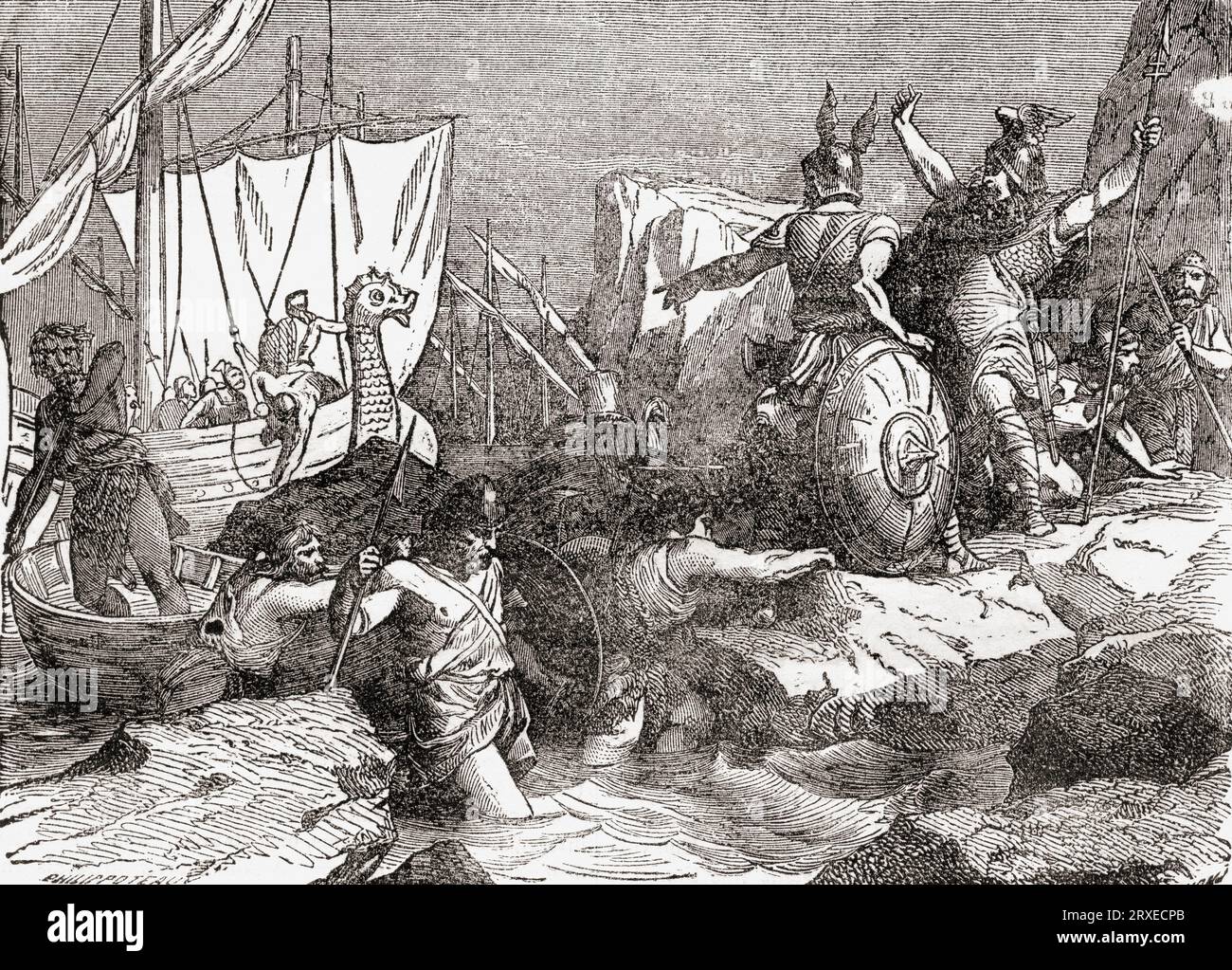 The piratical invasion of the Saxons under Hengist and Horsa, Germanic brothers who led the Angles, Saxons and Jutes in their invasion of Britain in the 5th century.  From Cassell's Illustrated History of England, published 1857. Stock Photo
