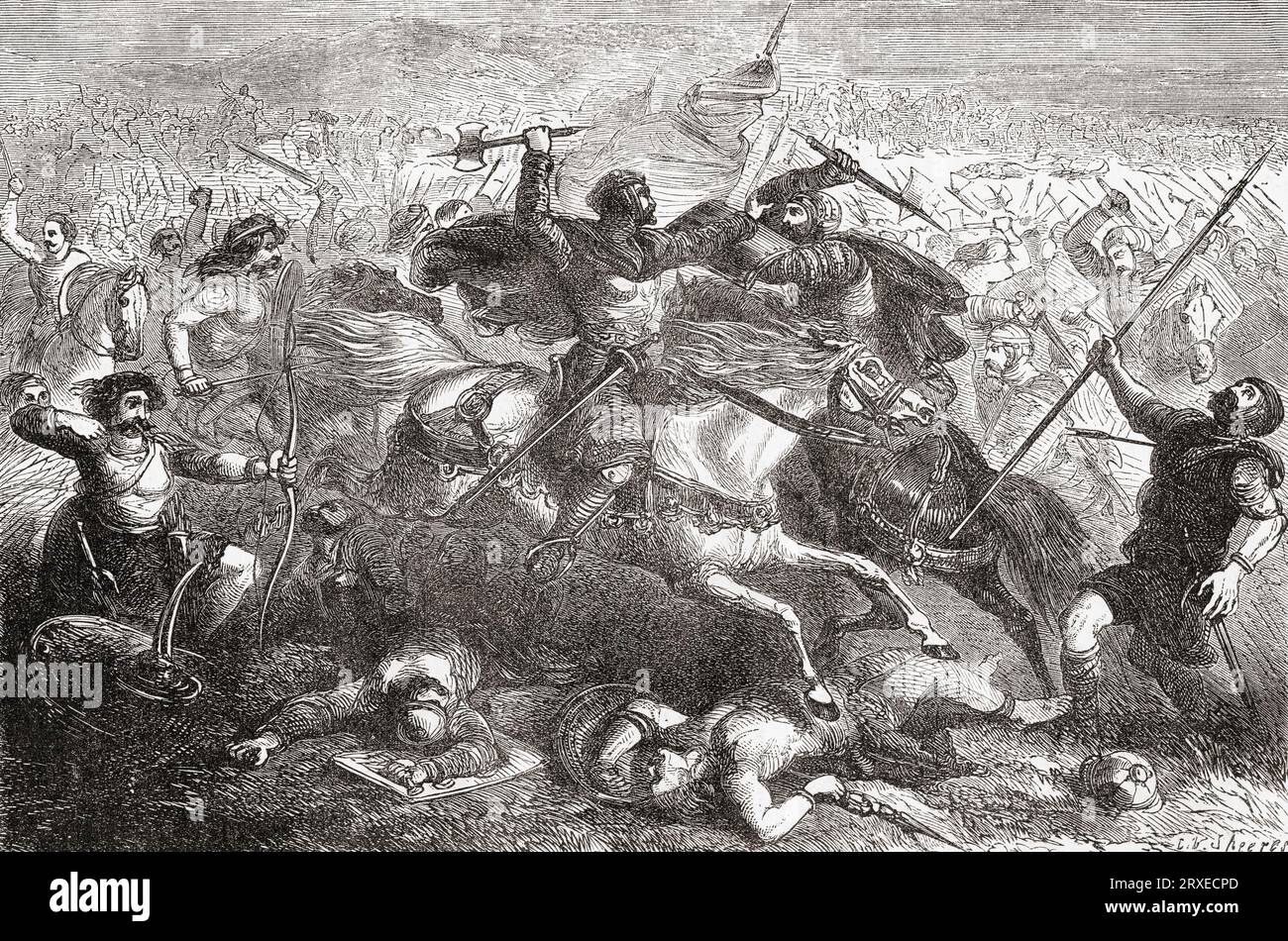 The legendary King Arthur defeating the Saxons at the The Battle of Badon aka Battle of Mons Badonicus. From Cassell's Illustrated History of England, published 1857. Stock Photo
