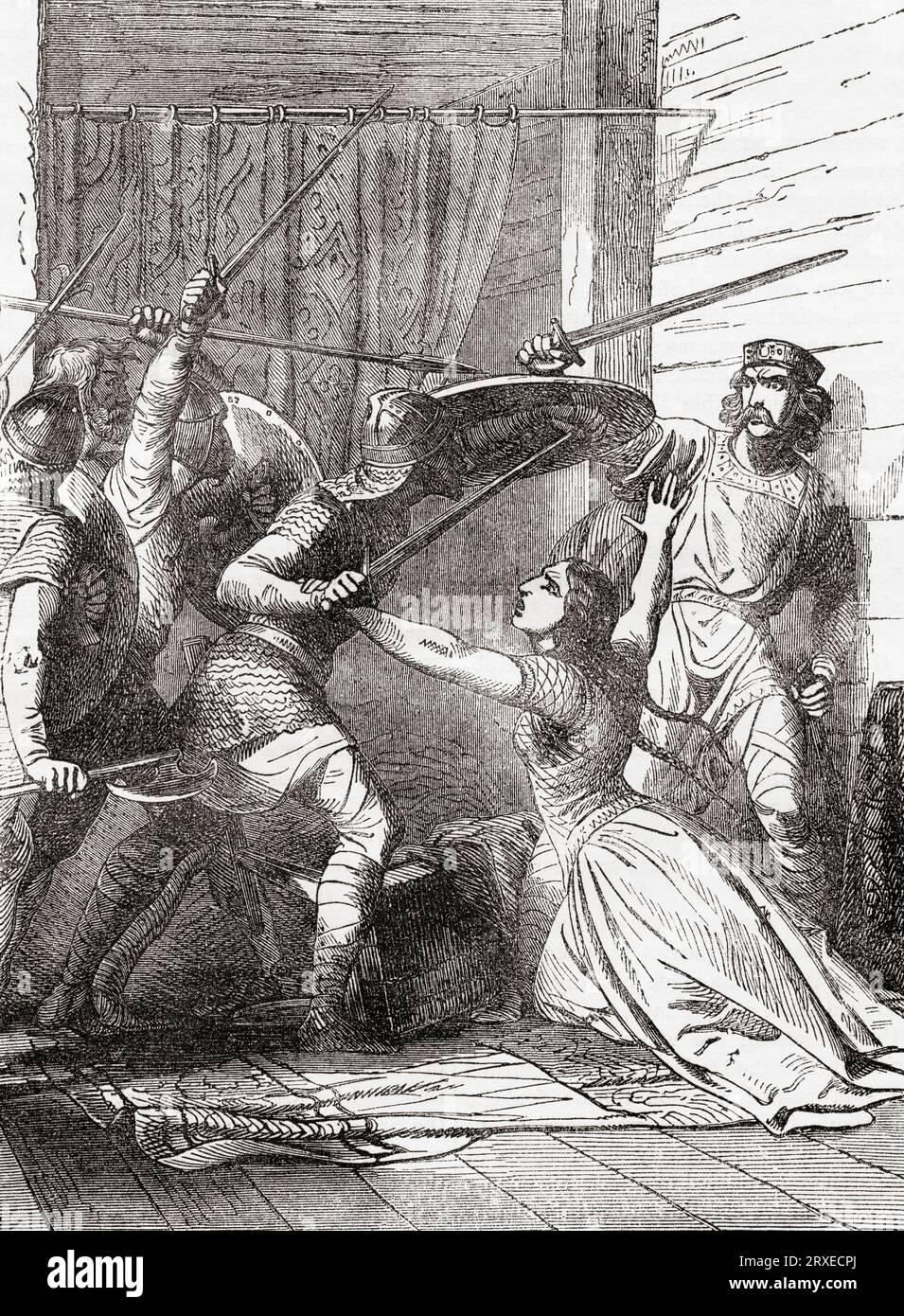 The murder of Cynewulf, at the house of his mistress, in a surprise attack by Cyneheard, both died in the attack.  Cynewulf, King of Wessex from 757 until his death in 786.  Cyneheard the Atheling (died 786) brother of Sigeberht, briefly King of Wessex deposed in 757 with the agreement of the Witan. Cynewulf of Wessex succeeded as King.  From Cassell's Illustrated History of England, published 1857. Stock Photo