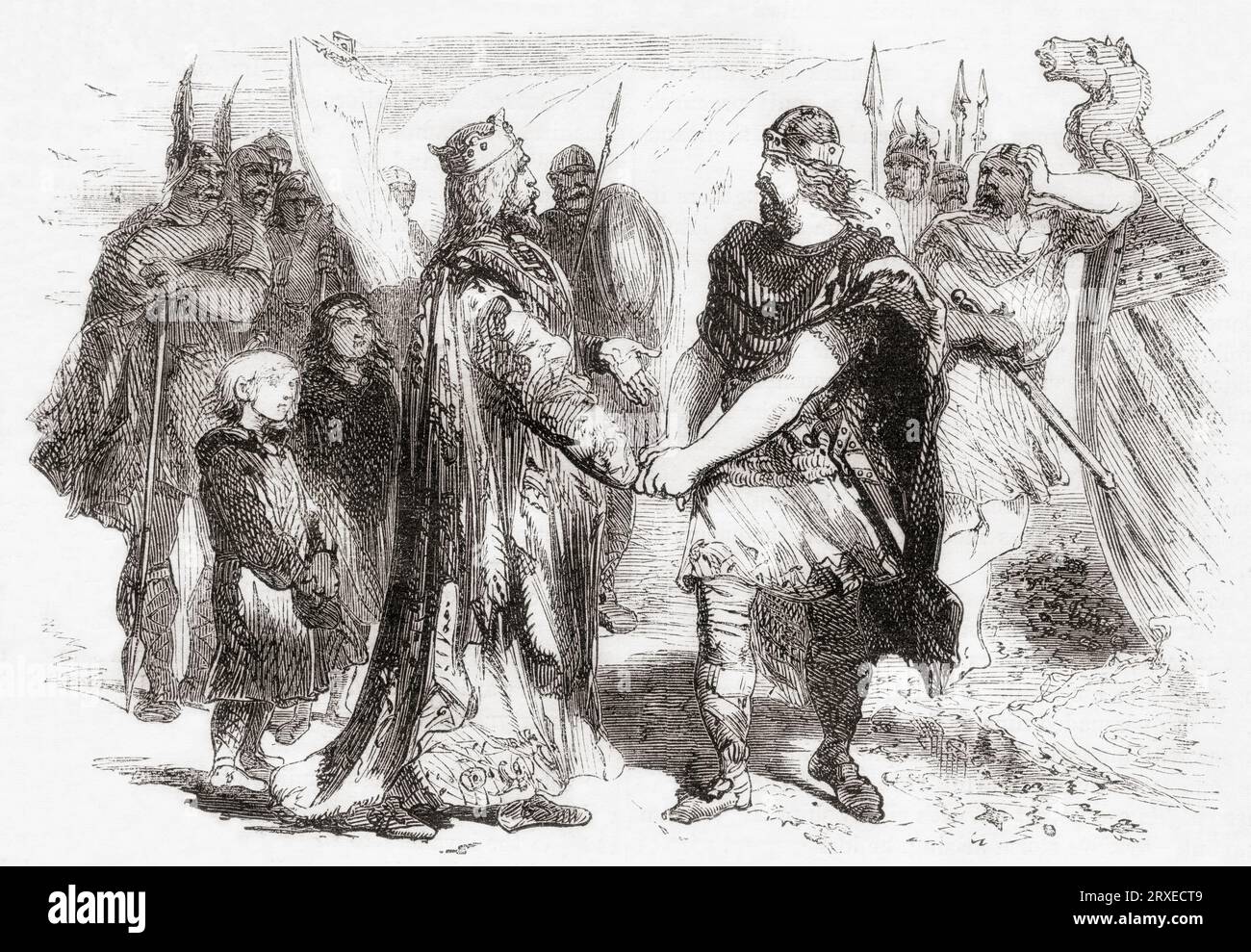 The meeting of Edmund Ironside and King Cnut on the island of Alnery in the River Severn after Edmund's defeat at the Battle of Assandun in 1016, to negotiate peace and divide the country between them.  Edmund Ironside, c. 990 –1016, aka Edmund II.  King of the English. Cnut, c. 990 – 1035, aka Cnut the Great and Canute. King of England from 1016, King of Denmark from 1018, and King of Norway from 1028 until his death in 1035.  From Cassell's Illustrated History of England, published 1857. Stock Photo