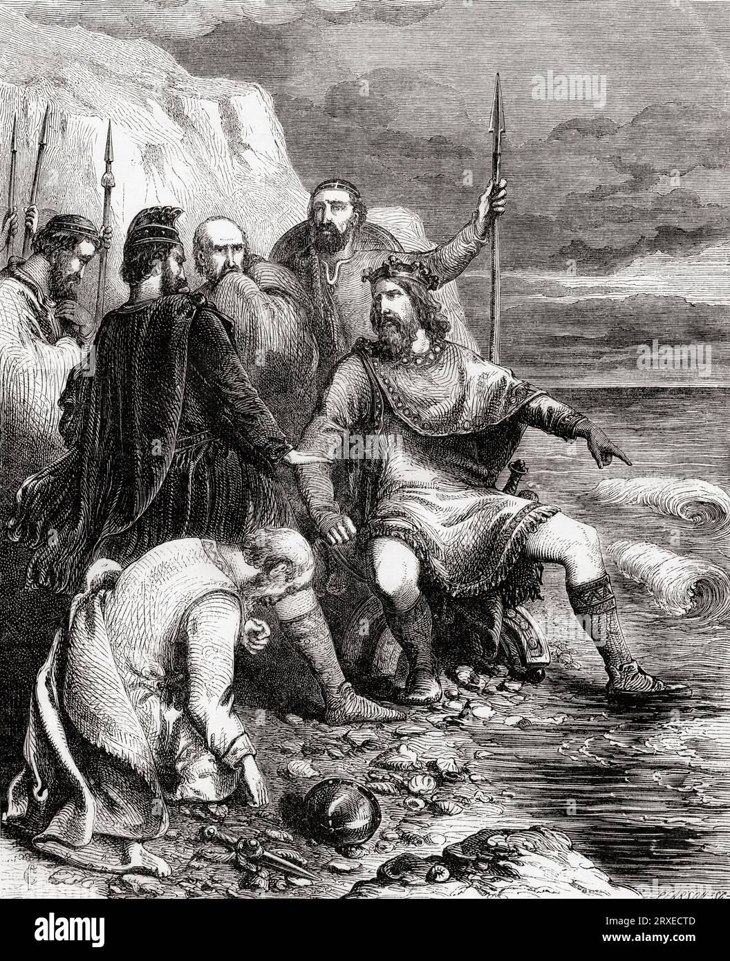 King Canute reproving his courtiers for believing he had power over the elements.  He had commanded the sea to stay off his land.  When it drenched his feet he rebuked his entourage for their stupid flattery.  Cnut, c. 990 – 1035, aka Cnut the Great and Canute. King of England from 1016, King of Denmark from 1018, and King of Norway from 1028 until his death in 1035.  From Cassell's Illustrated History of England, published 1857. Stock Photo