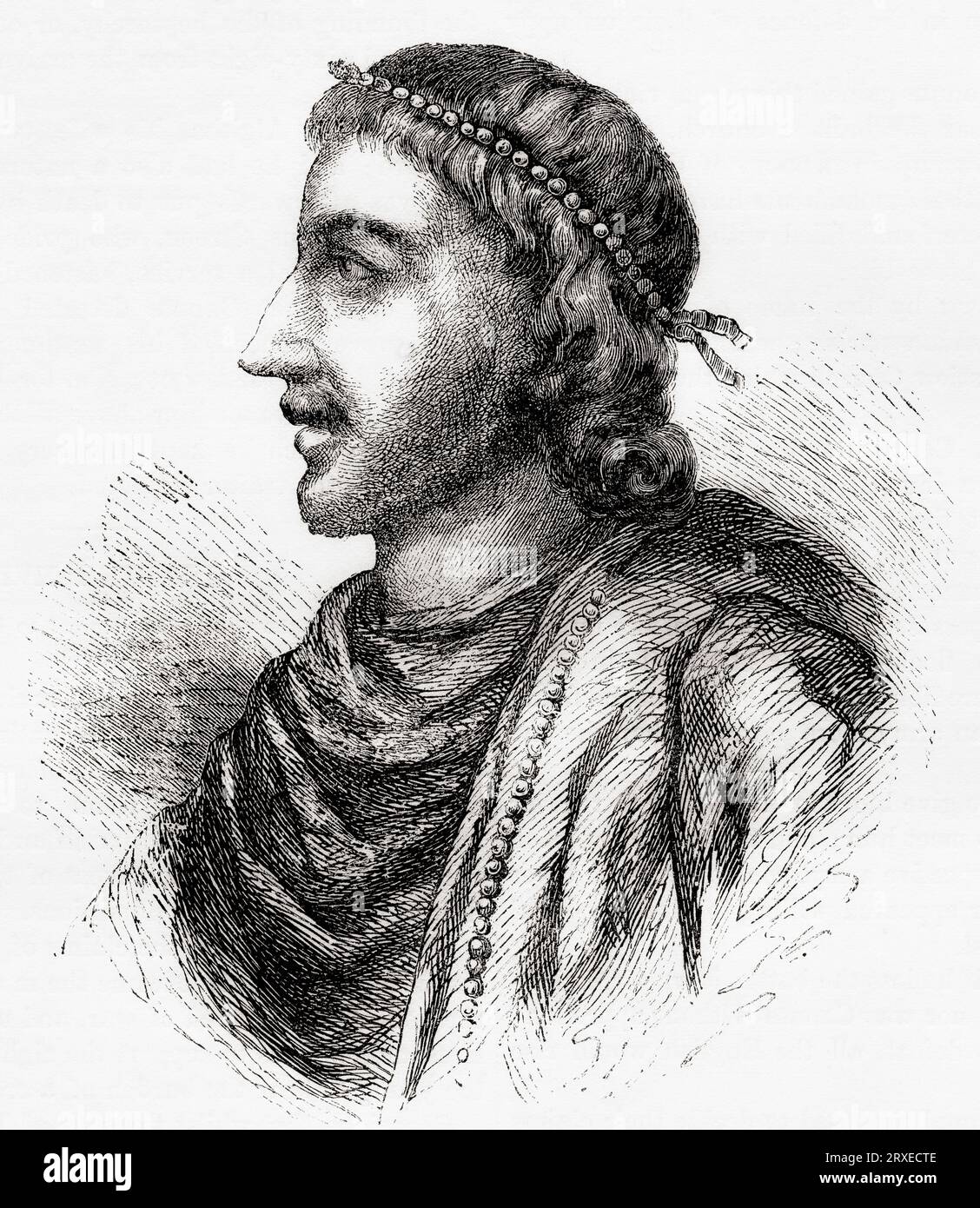 Cnut, c. 990 – 1035, aka Cnut the Great and Canute. King of England from 1016, King of Denmark from 1018, and King of Norway from 1028 until his death in 1035.  From Cassell's Illustrated History of England, published 1857. Stock Photo
