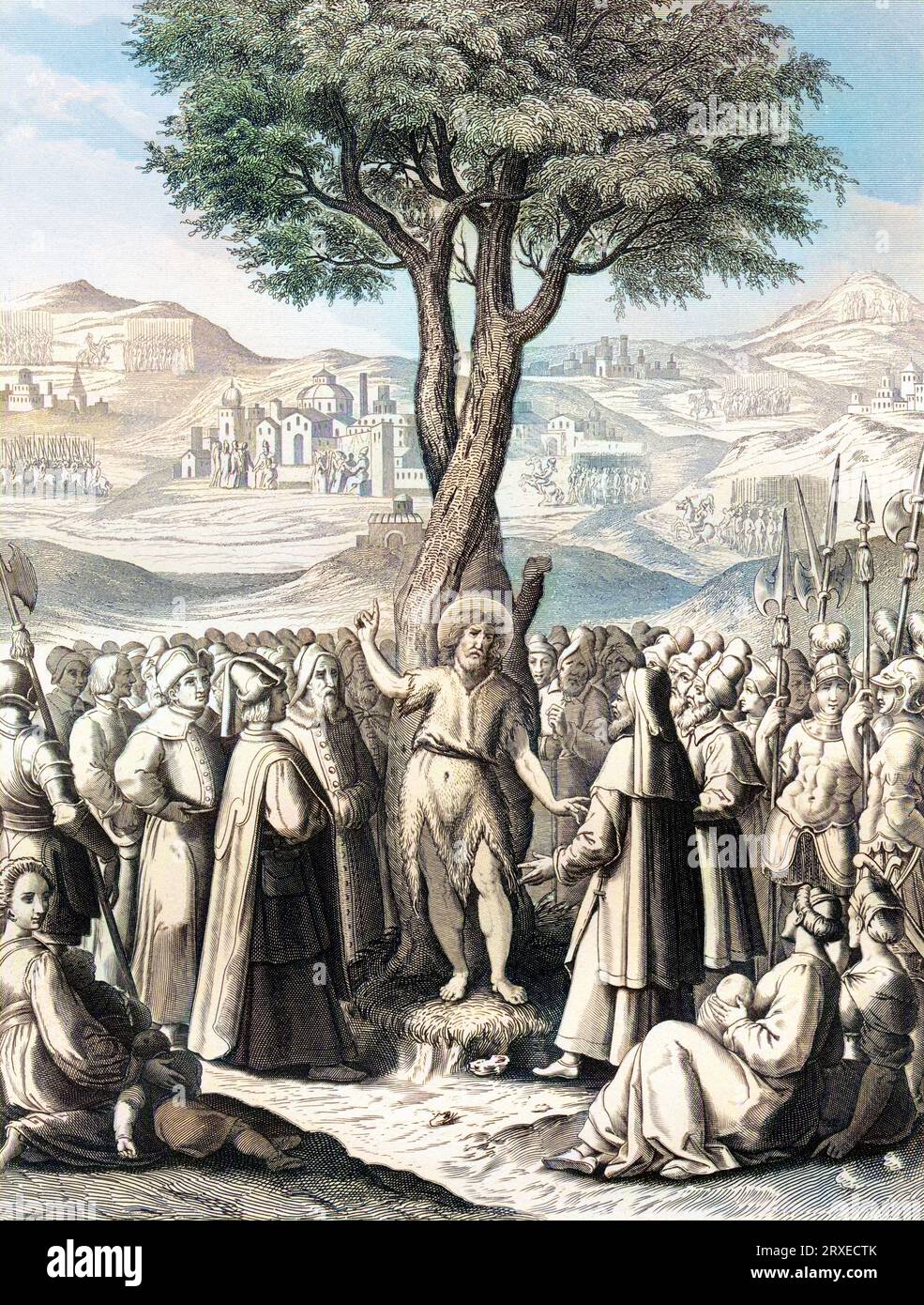 John the Baptist, preaching in the wilderness of Judaea. Colored Illustration for The life of Our Lord Jesus Christ written by the four evangelists, 1853 Stock Photo