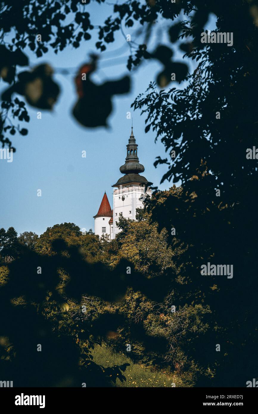 Enchanting castle in Upper Austria, framed by leaves and towering trees. Stock Photo