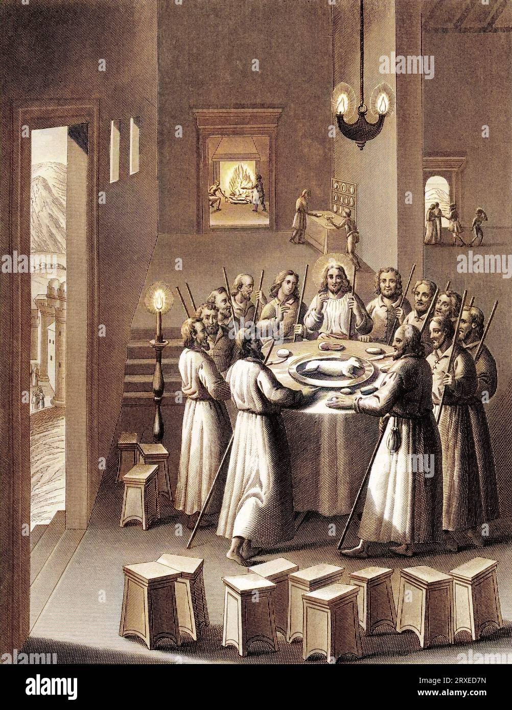 Jesus eating the Passover lamb with his disciples. Colored Illustration for The life of Our Lord Jesus Christ written by the four evangelists, 1853 Stock Photo