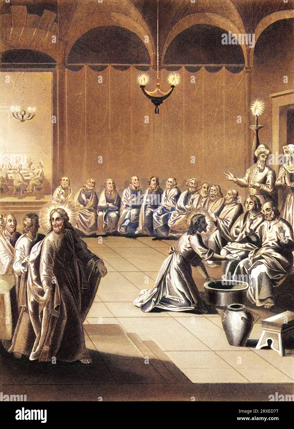 Jesus takes off his clothes and washes the feet of his apostles. Colored Illustration for The life of Our Lord Jesus Christ written by the four evangelists, 1853 Stock Photo
