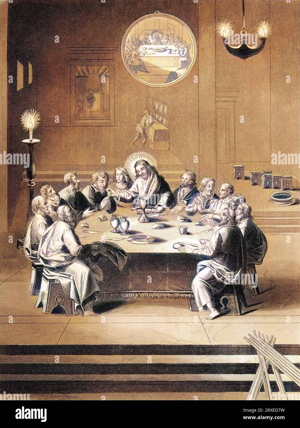 The Last Supper, institution of the Holy Eucharist. Colored ...