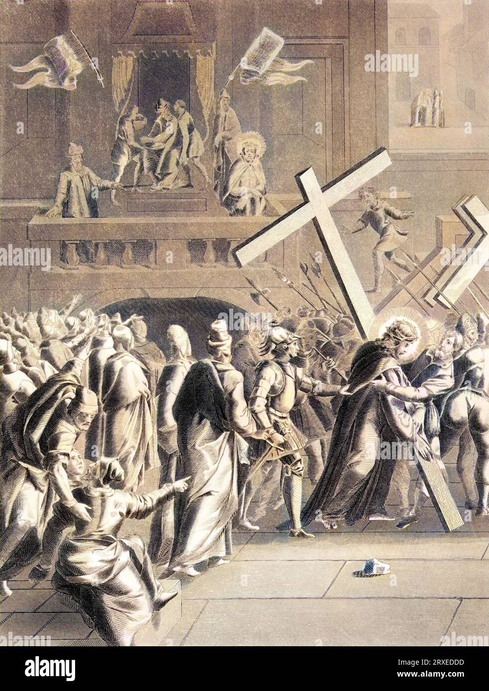 Pontius Pilate handed Jesus over to be nailed to a cross. Colored Illustration for The life of Our Lord Jesus Christ written by the four evangelists, 1853 Stock Photo