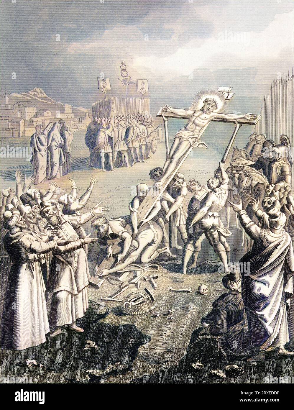 Jesus is crucified on the cross. Colored Illustration for The life of Our Lord Jesus Christ written by the four evangelists, 1853 Stock Photo