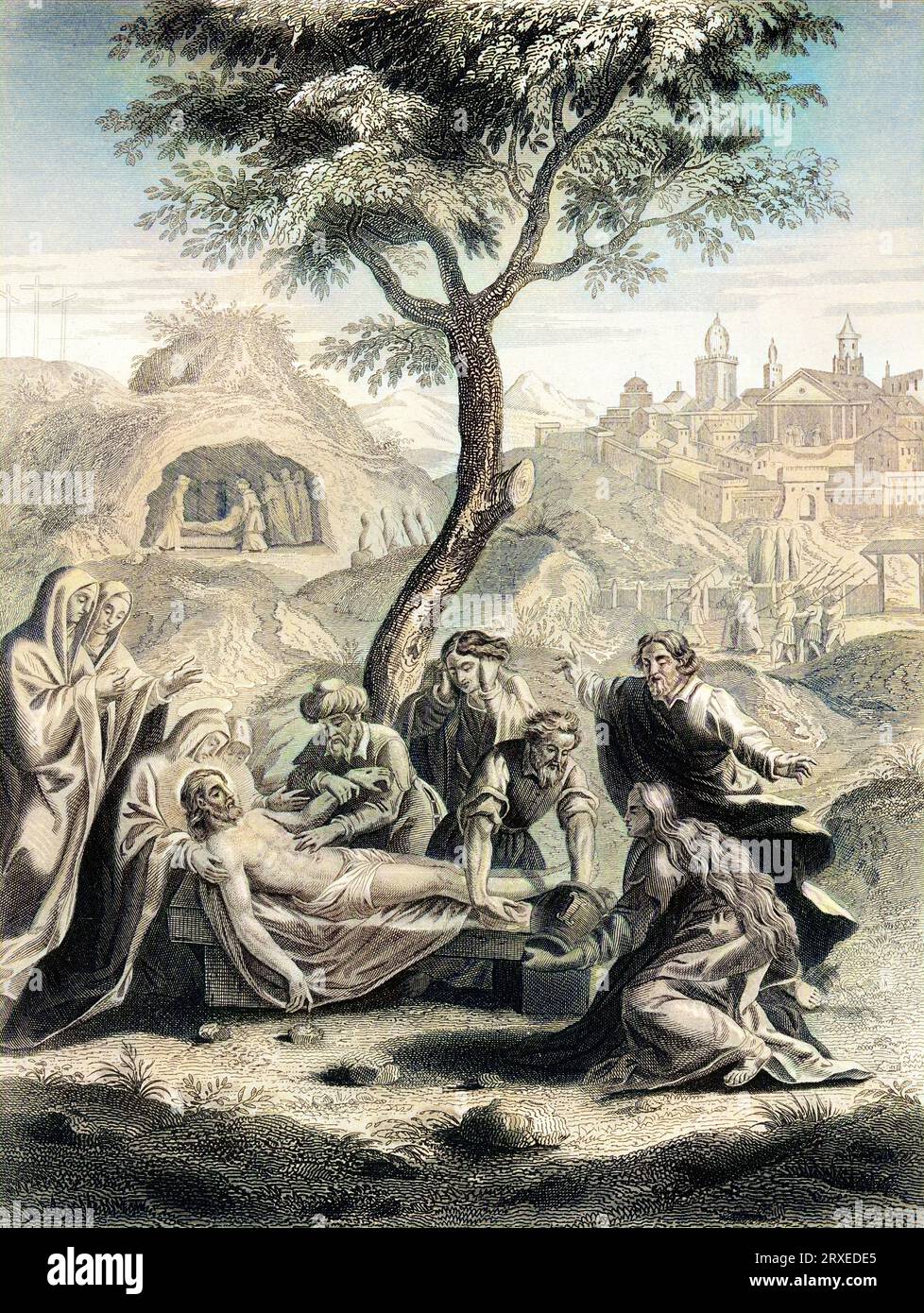 Jesus Buried. The dead Jesus. Joseph of Arimathea is placing his body in a tomb, Luke 23. Colored Illustration for The life of Our Lord Jesus Christ written by the four evangelists, 1853 Stock Photo