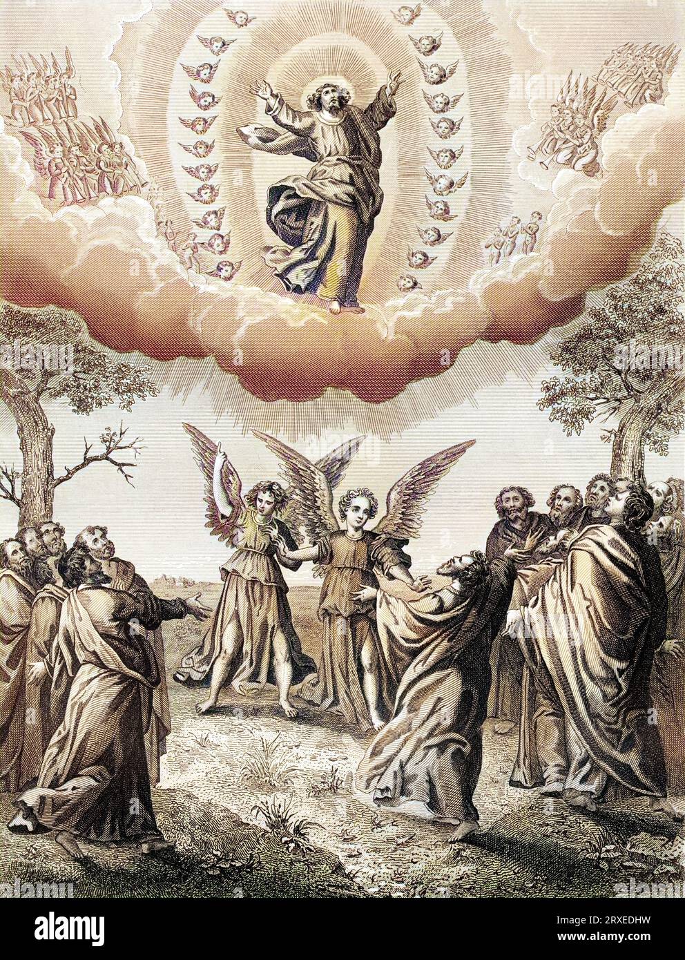 The Ascension of Our Lord Jesus Christ. Colored Illustration for The life of Our Lord Jesus Christ written by the four evangelists, 1853 Stock Photo