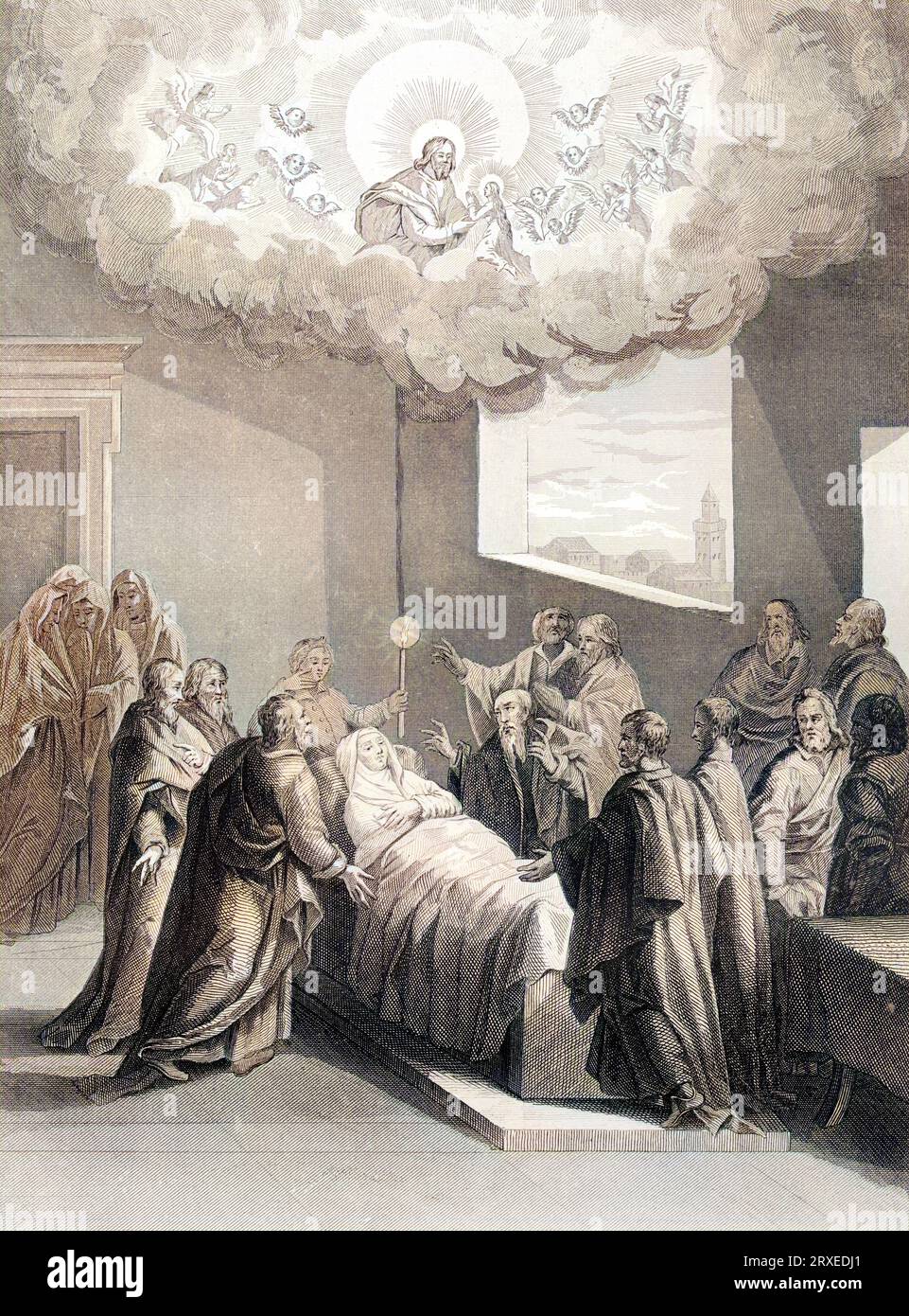 The death of the Virgin Mary. Colored Illustration for The life of Our Lord Jesus Christ written by the four evangelists, 1853 Stock Photo