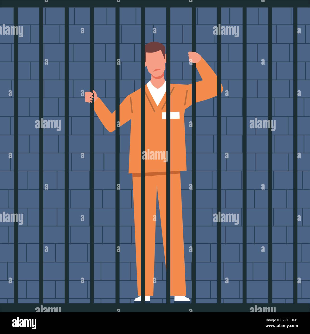 Man dressed as prisoner stands in prison cell. Prisoner in jail