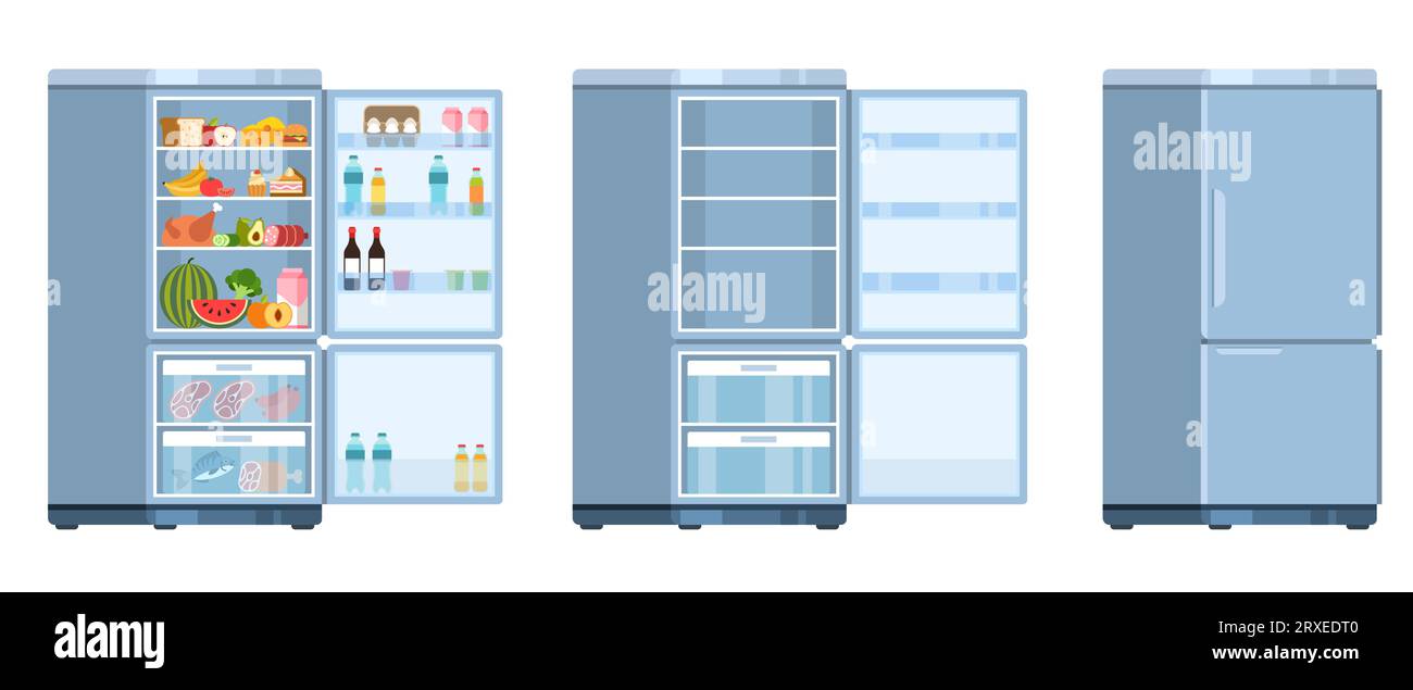 Open and closed refrigerator with and without products. Kitchen electric equipment. Empty and full fridge. fruit and vegetables, meat and milk Stock Vector
