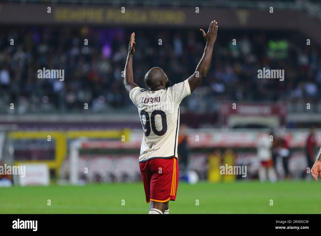 Torino, Italy. 24th Sep, 2023. Romelu Lukaku of As Roma celebrates after  scoring his team's first goal during the Serie A match beetween Torino Fc  and As Roma at Stadio Olimpico on