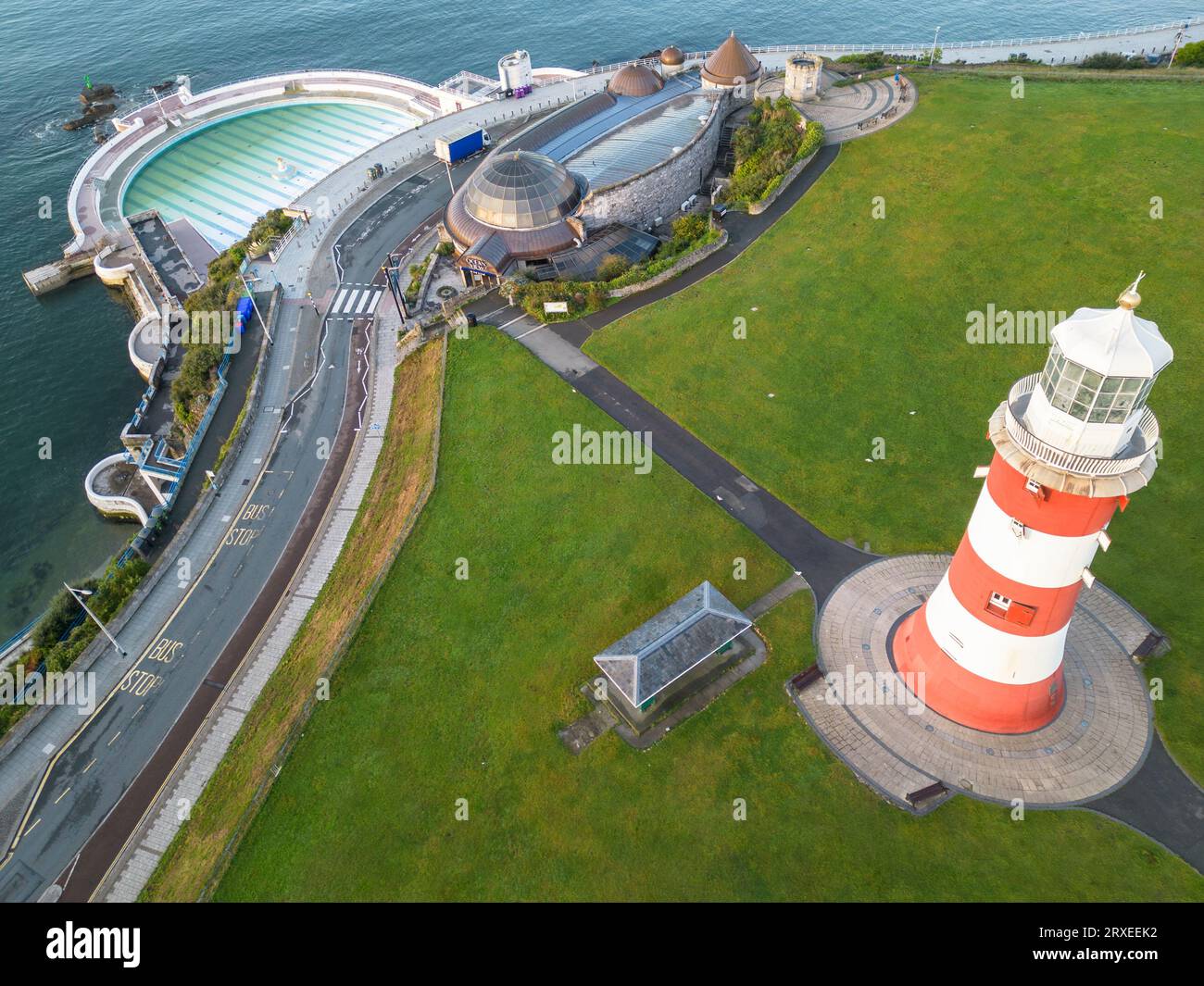 aerial view of smeatons tower and tinside lido on Plymouth Hoe and plymouth sound devon Stock Photo