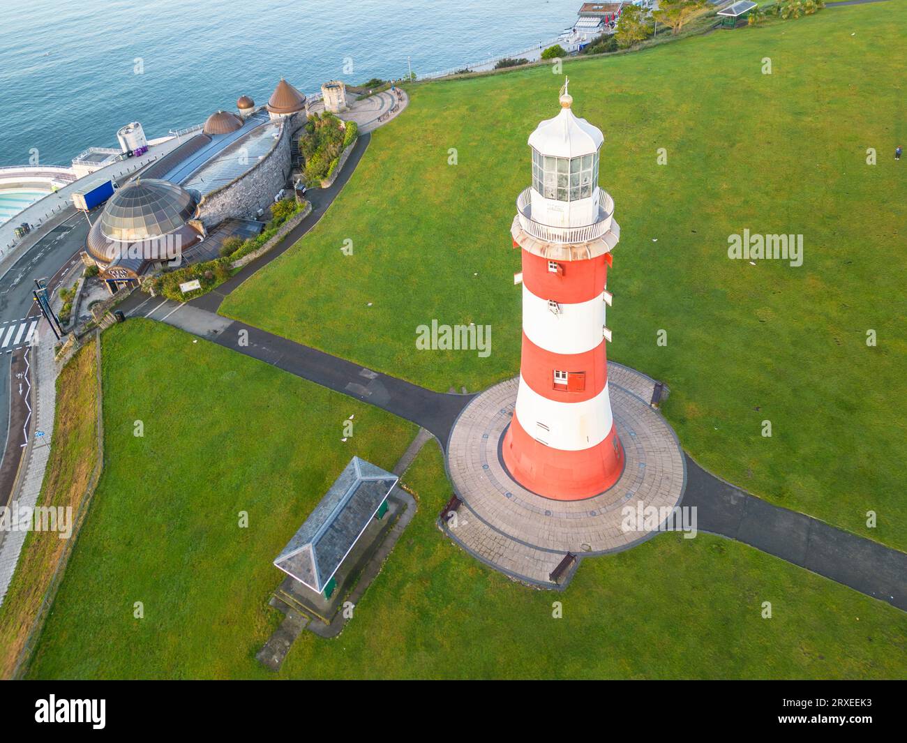 aerial view of smeatons tower on Plymouth Hoe and plymouth sound devon ...