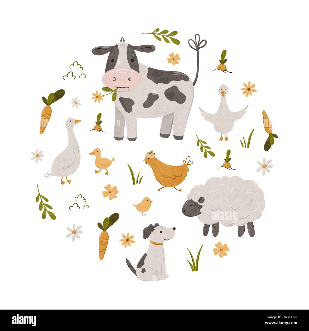Cute farm animals cow, lamb, chick, dog, cow, sheep, chicken and goose. Domestic animals kid set in round composition hand drawn illustration. Rural Stock Photo
