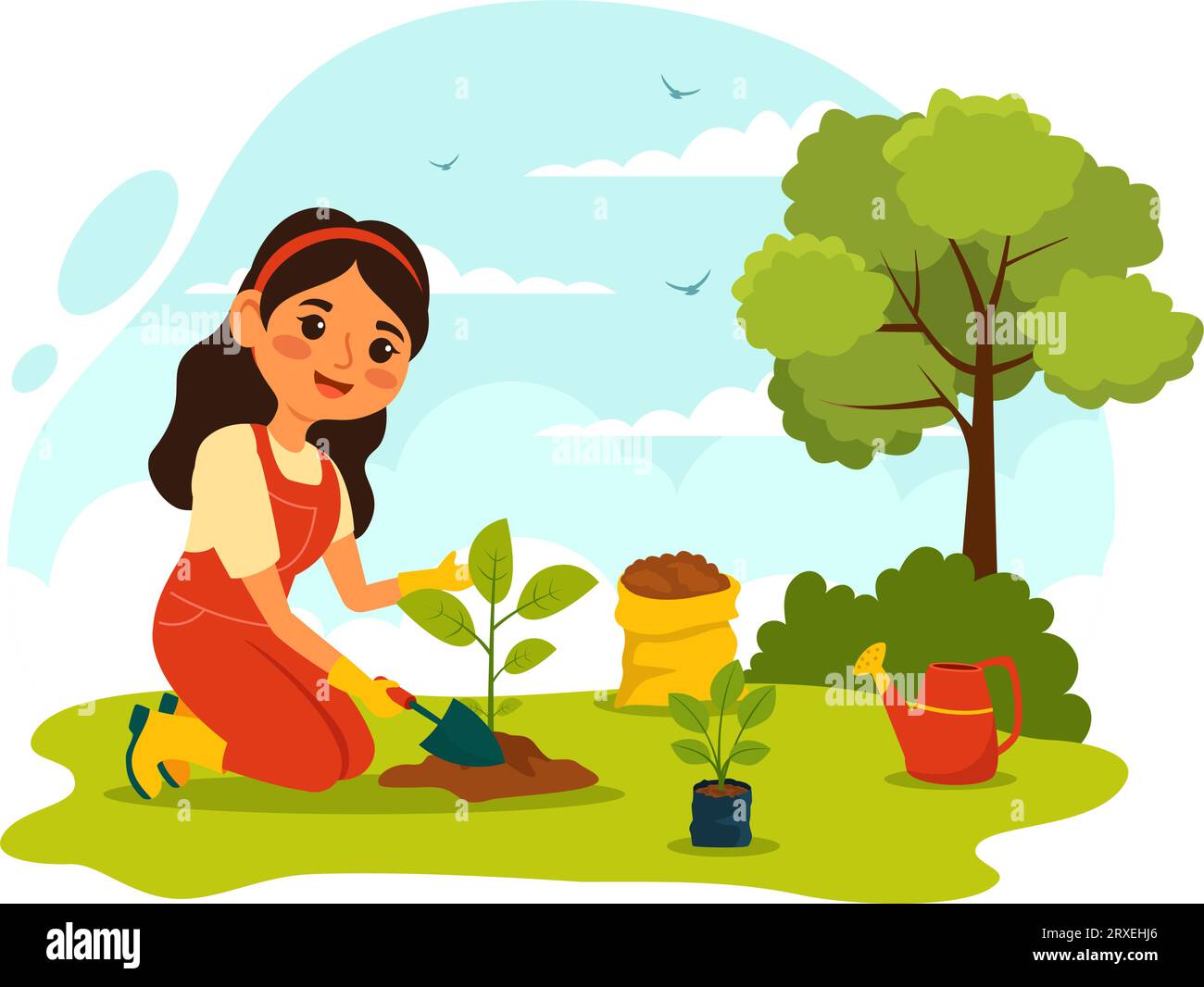 Planting Plants Vector Illustration with People Enjoy Gardening, Plant, Watering or Digging in the Garden in Flat Kids Cartoon Background Design Stock Vector