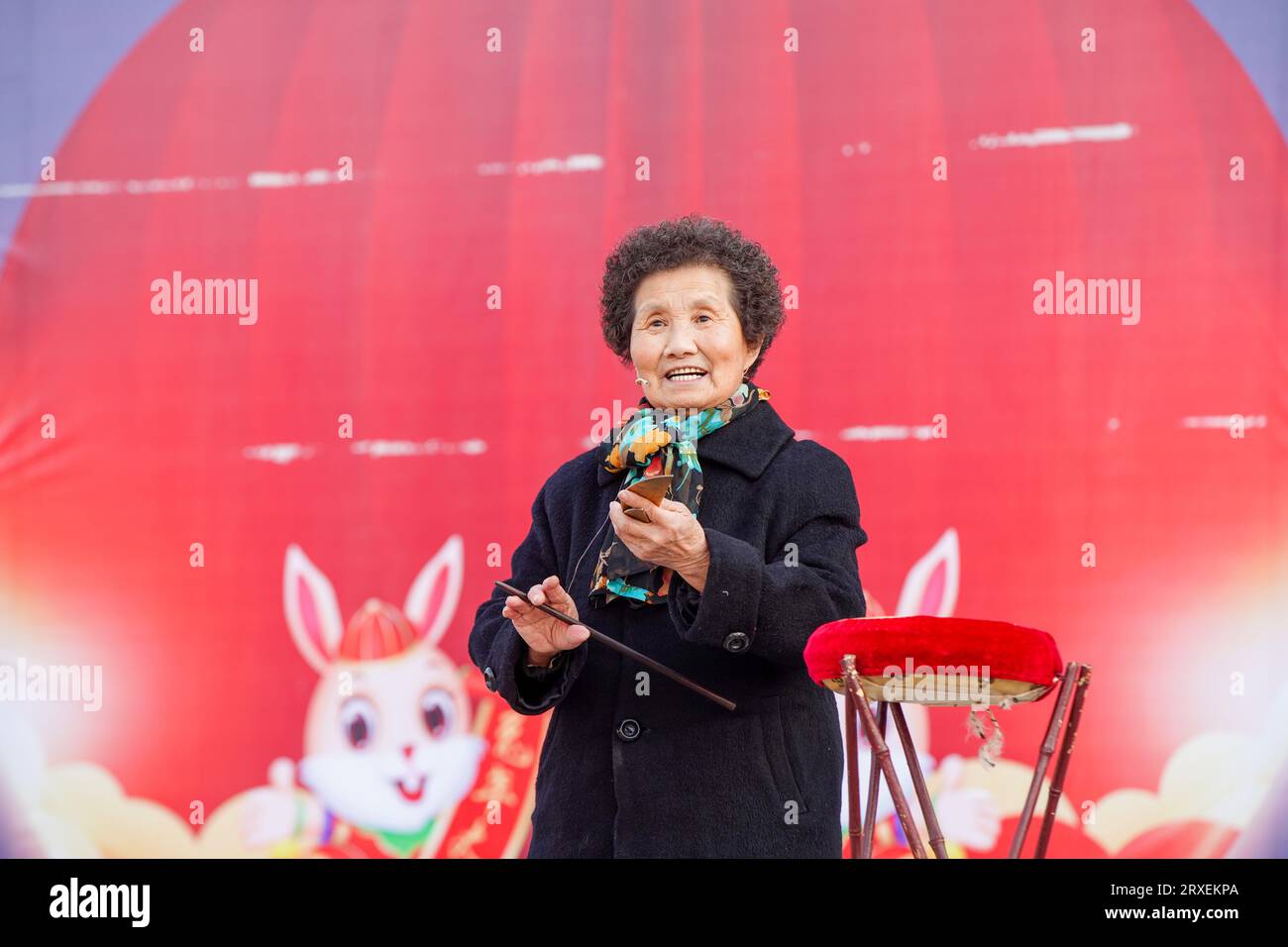 Luannan County, China - February 8, 2023: Traditional Chinese Art Form - Leting Drum Artists Performing on Stage, Luannan County, Hebei Province, Chin Stock Photo