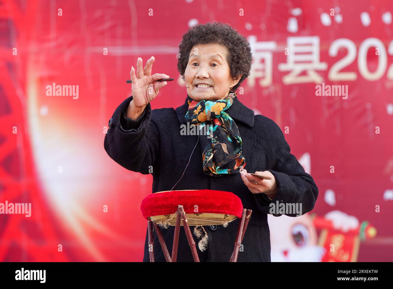 Luannan County, China - February 8, 2023: Traditional Chinese Art Form - Leting Drum Artists Performing on Stage, Luannan County, Hebei Province, Chin Stock Photo