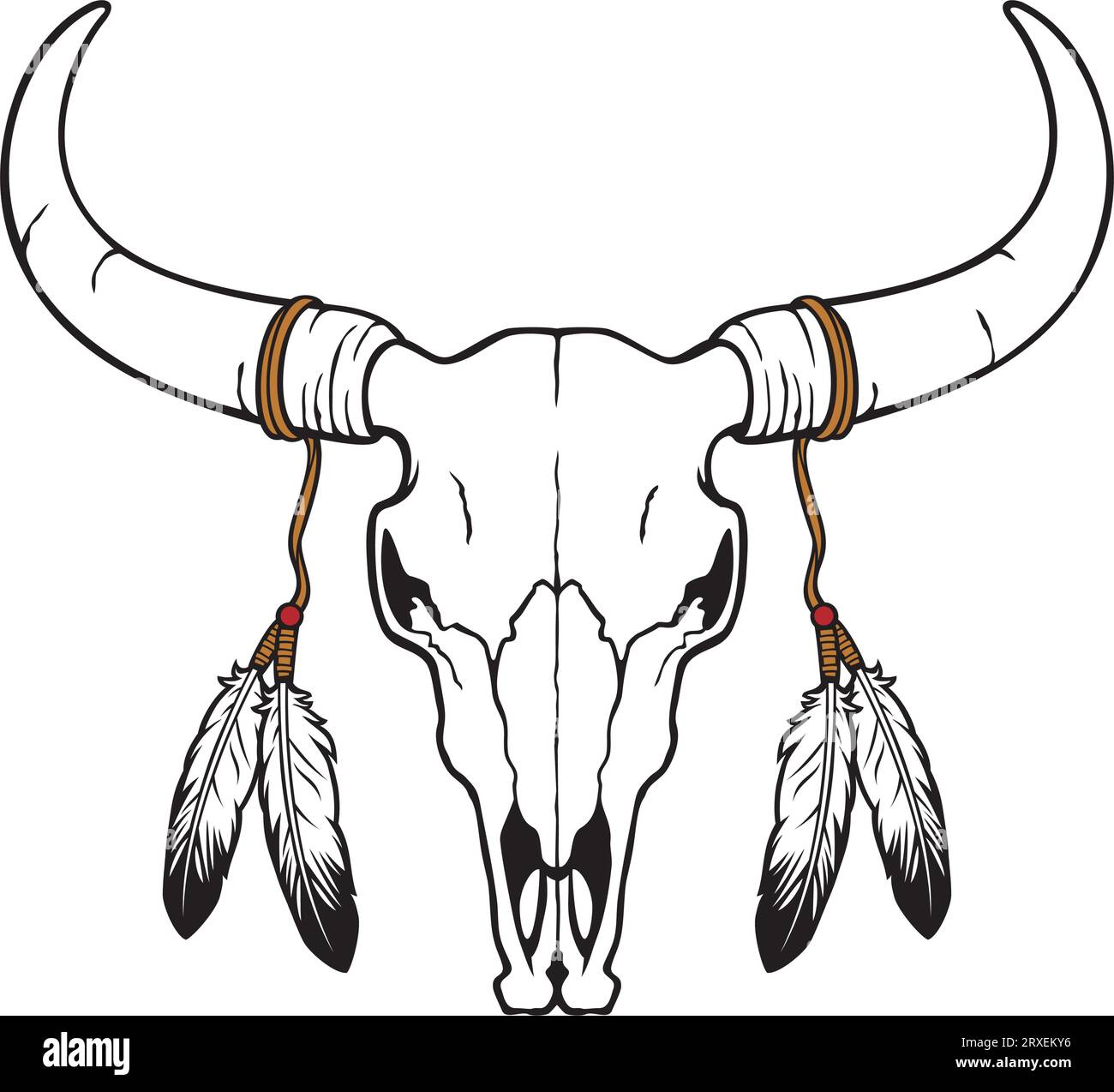 Native American bull or cow skull with feathers (vector illustration) Stock Vector