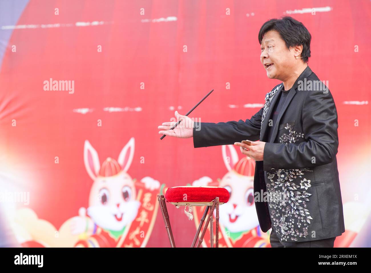 Luannan County, China - February 8, 2023: Traditional Chinese Art Form - Leting Drum Artists Performing on Stage, Luannan County, Hebei Province, Chin Stock Photo