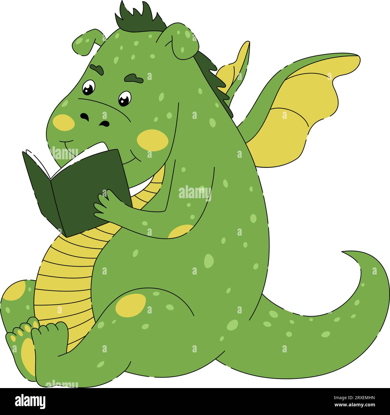 Cute toddler green dragon reading a book Stock Vector