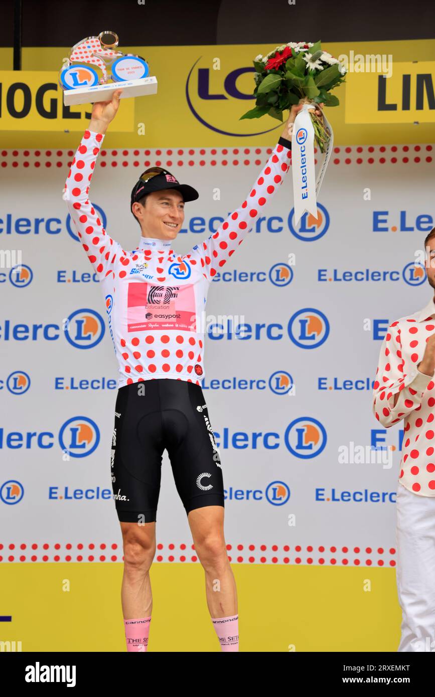 Limoges, France. July 8, 2023. Neilson Powless Red Polka Dot Jersey For ...