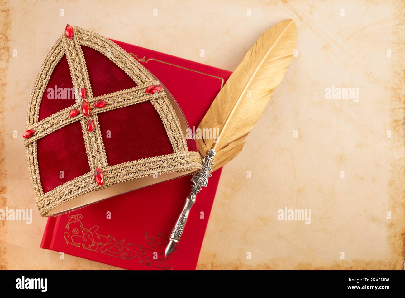 Dutch holiday Sinterklaas background with mitre staff and book of ...